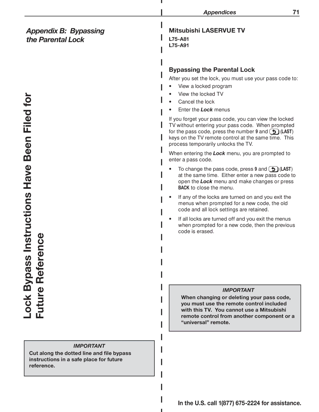 Mitsubishi Electronics L75A81 manual Mitsubishi Laservue TV, Bypassing the Parental Lock, L75-A81 L75-A91 