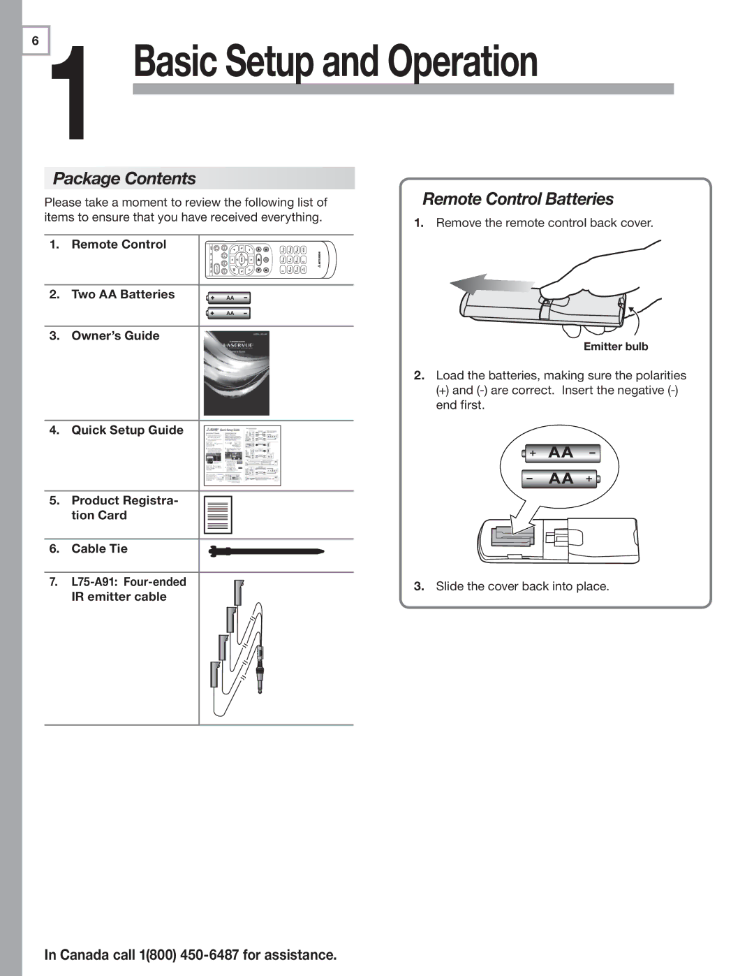 Mitsubishi Electronics L75-A91, L75A81 manual Package Contents, Remote Control Batteries 