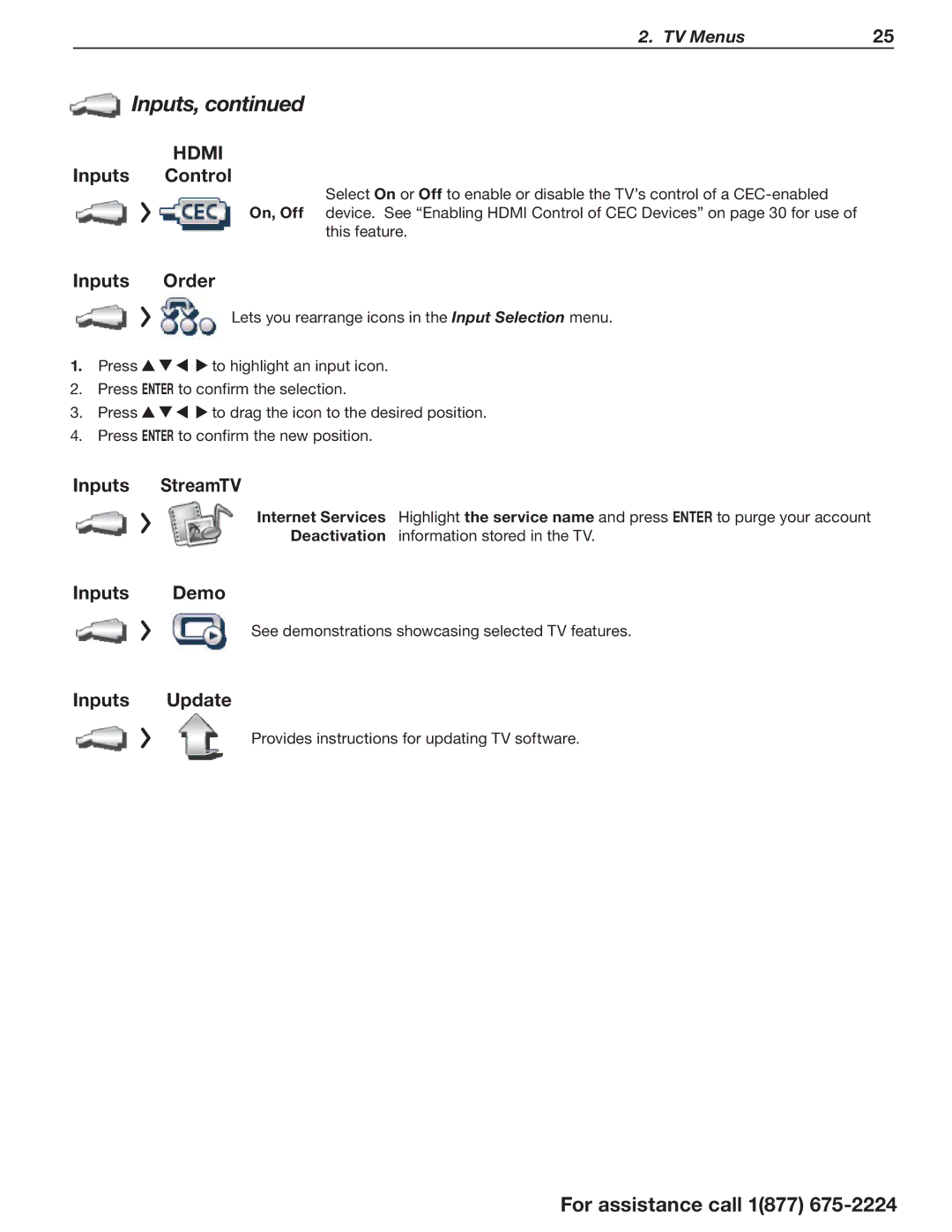 Mitsubishi Electronics L75-A94 manual Inputs Control, Inputs Order, Inputs StreamTV, Inputs Demo, Inputs Update 