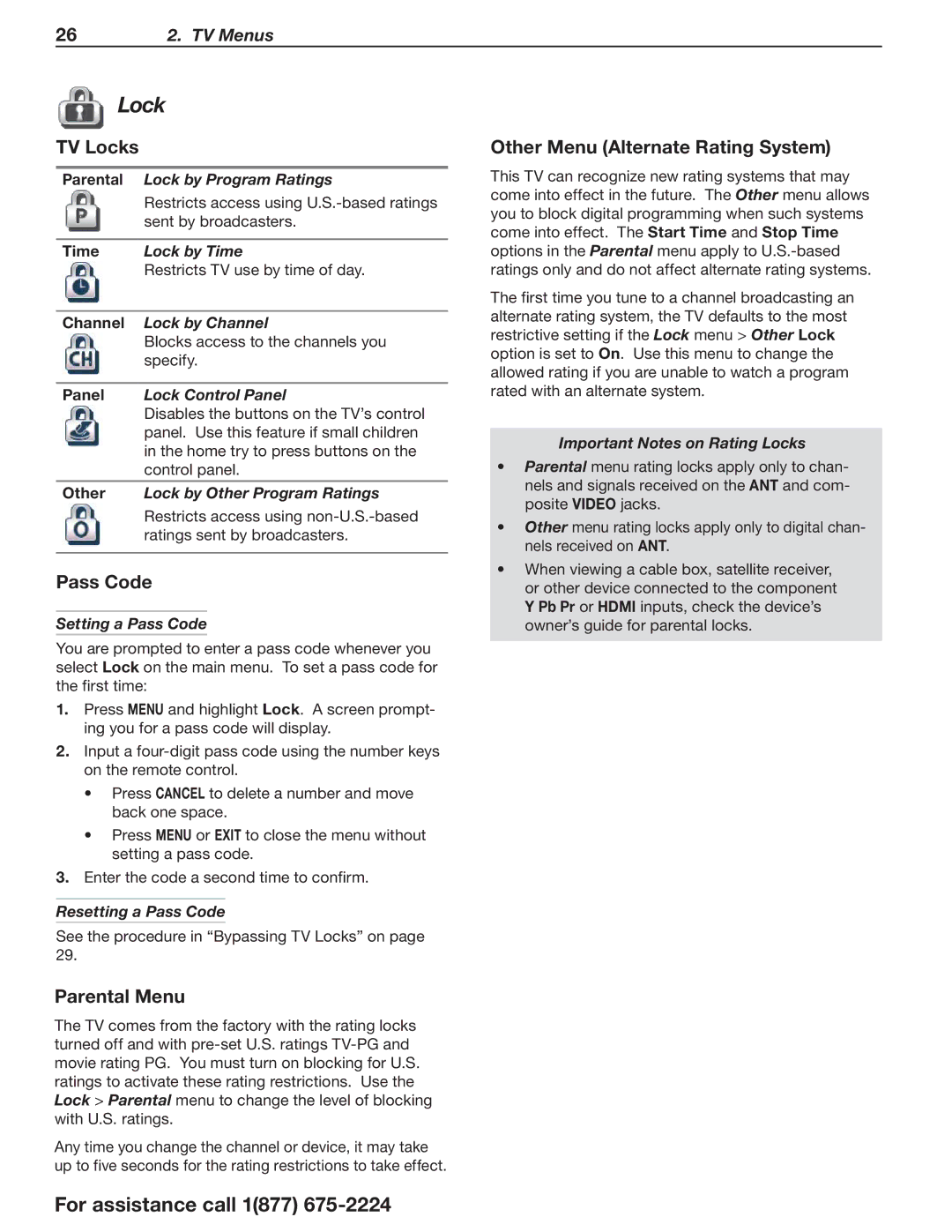 Mitsubishi Electronics L75-A94 manual TV Locks, Pass Code, Parental Menu, Other Menu Alternate Rating System 