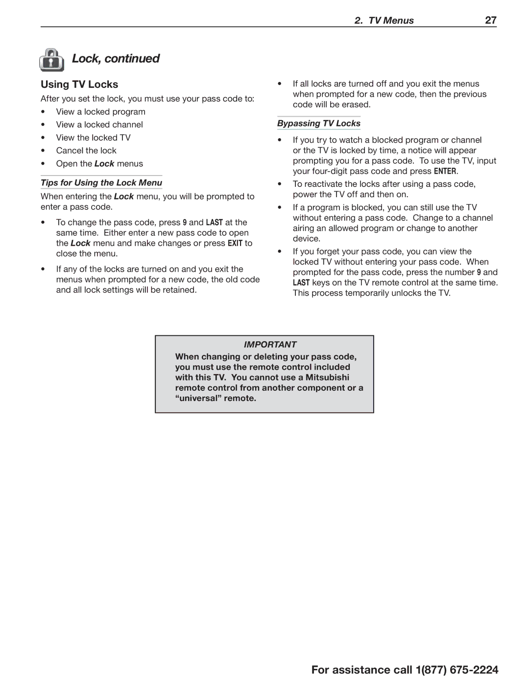 Mitsubishi Electronics L75-A94 manual Using TV Locks, Tips for Using the Lock Menu, Bypassing TV Locks 