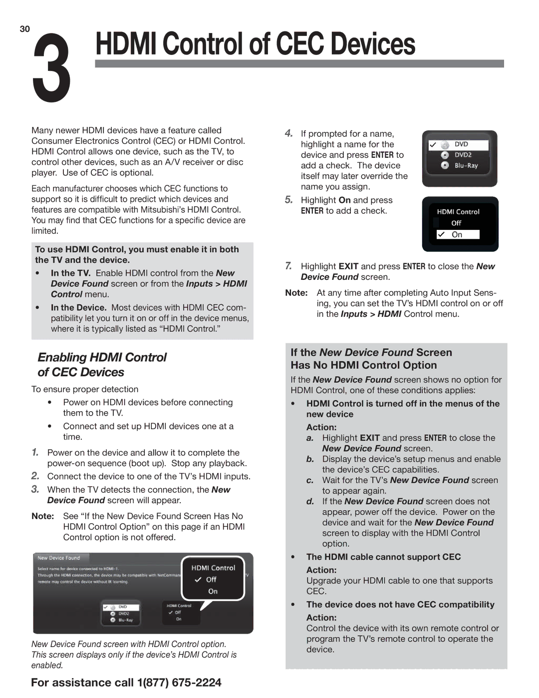 Mitsubishi Electronics L75-A94 manual Enabling Hdmi Control CEC Devices, Has No Hdmi Control Option 