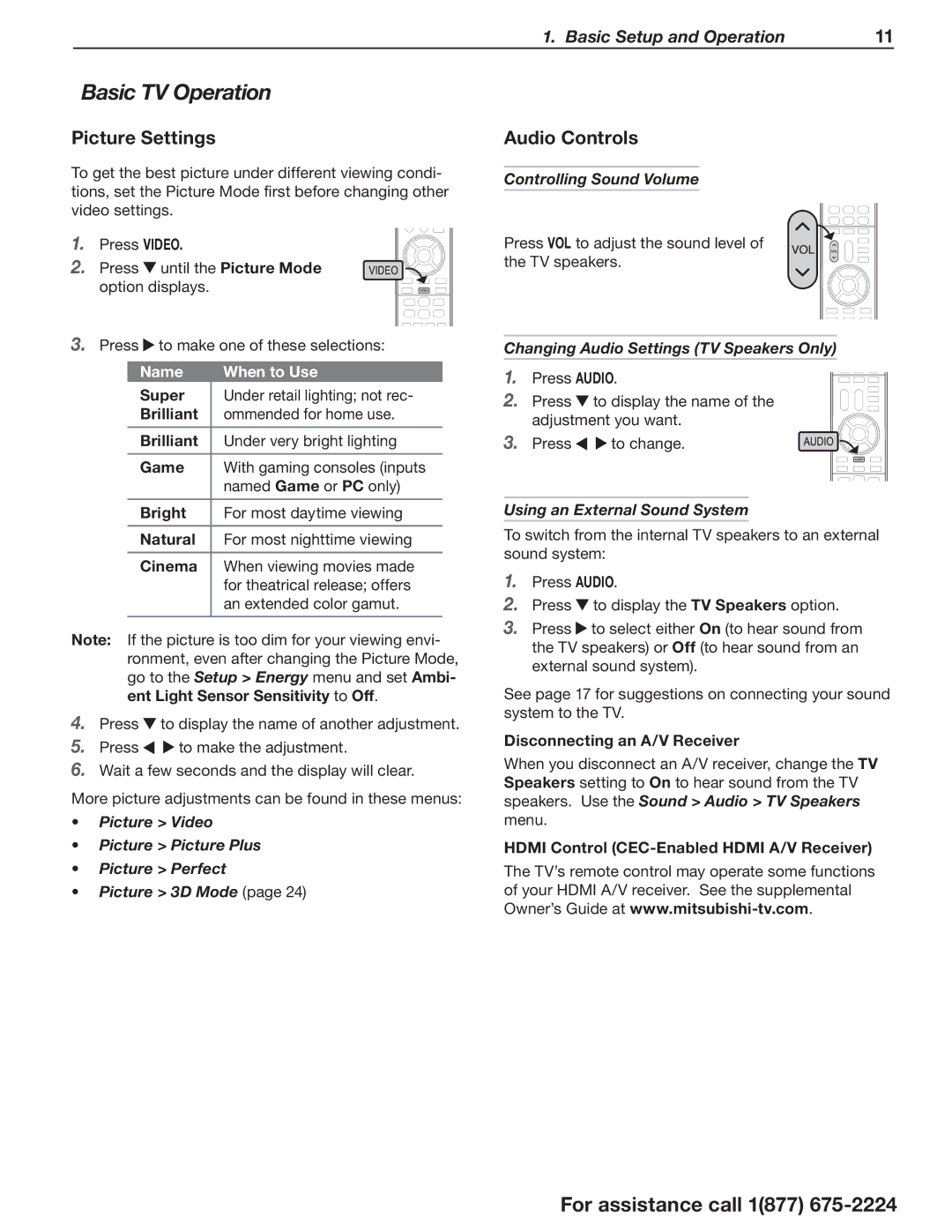 Mitsubishi Electronics L75-A94 manual Basic TV Operation, Picture Settings, Audio Controls 