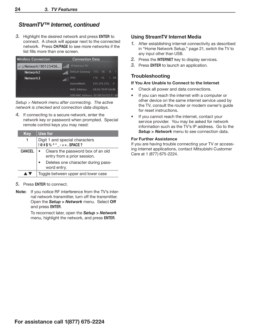 Mitsubishi Electronics L75-A94 manual Using StreamTV Internet Media, Troubleshooting, Key Use for 