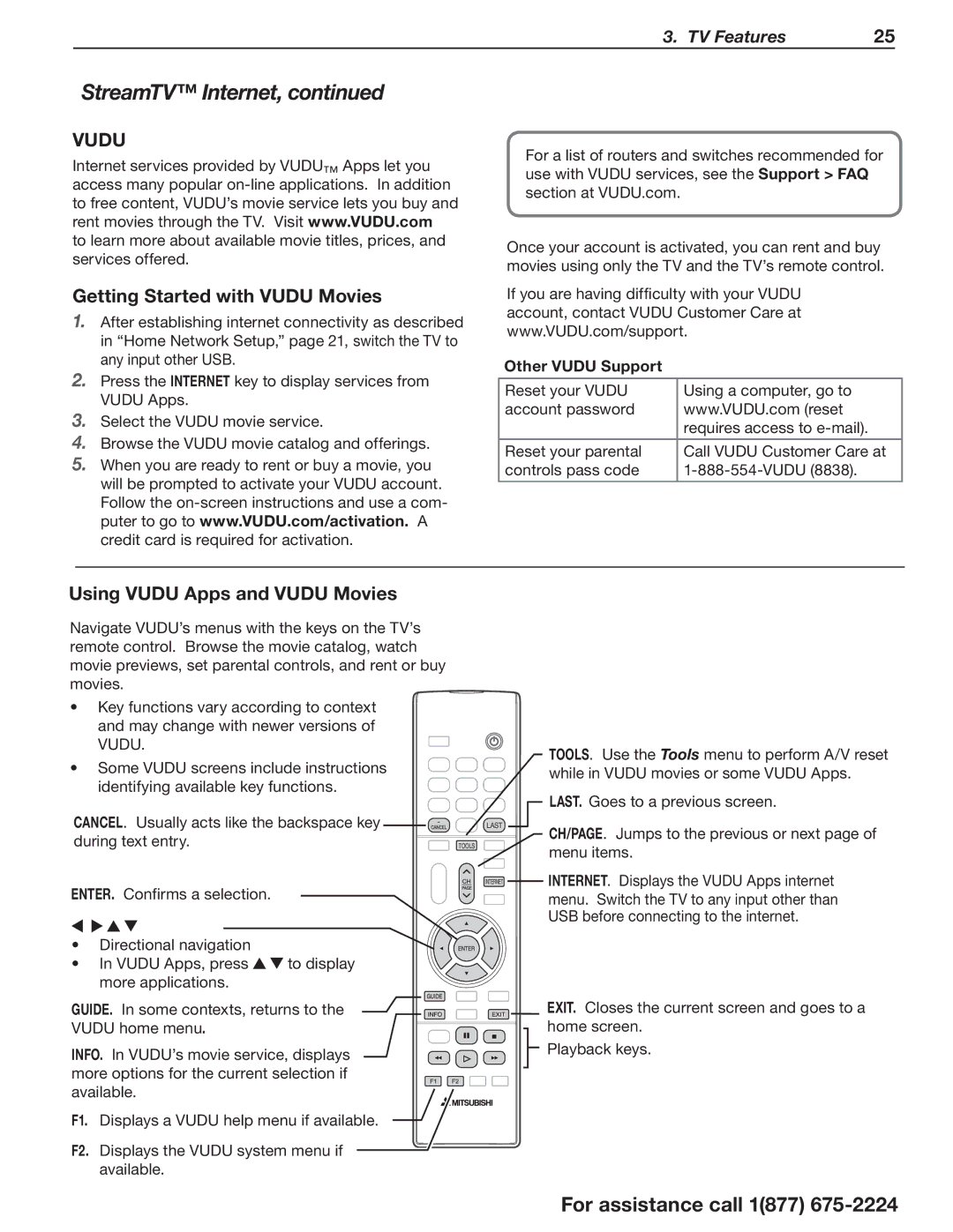 Mitsubishi Electronics L75-A94 manual Getting Started with Vudu Movies, Using Vudu Apps and Vudu Movies, Other Vudu Support 