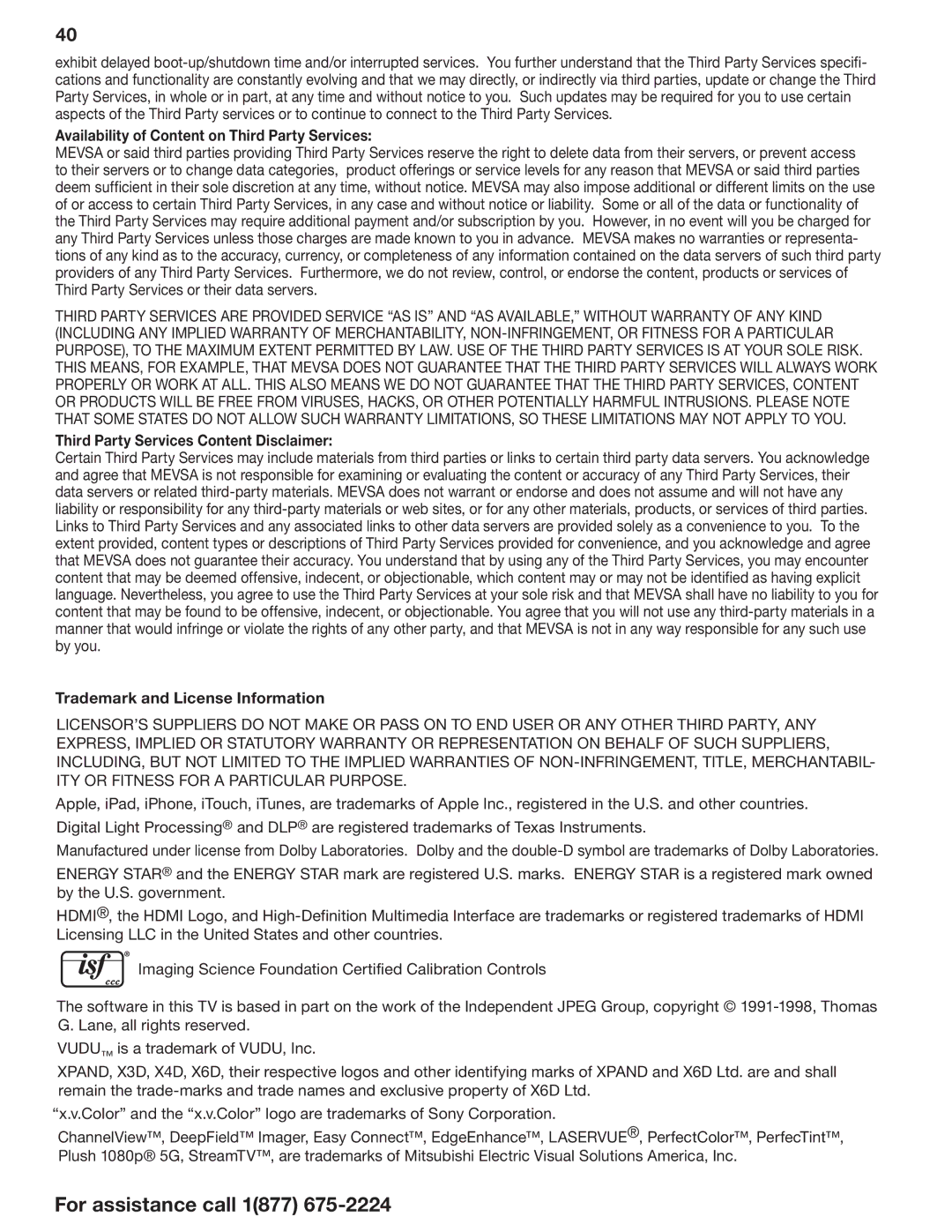 Mitsubishi Electronics L75-A94 Availability of Content on Third Party Services, Third Party Services Content Disclaimer 