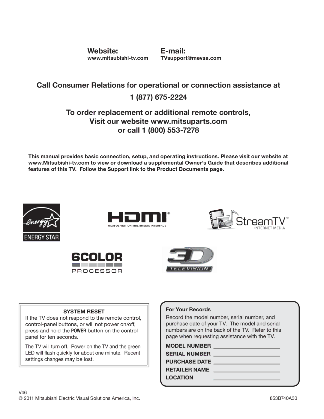 Mitsubishi Electronics L75-A94 manual System Reset, For Your Records 