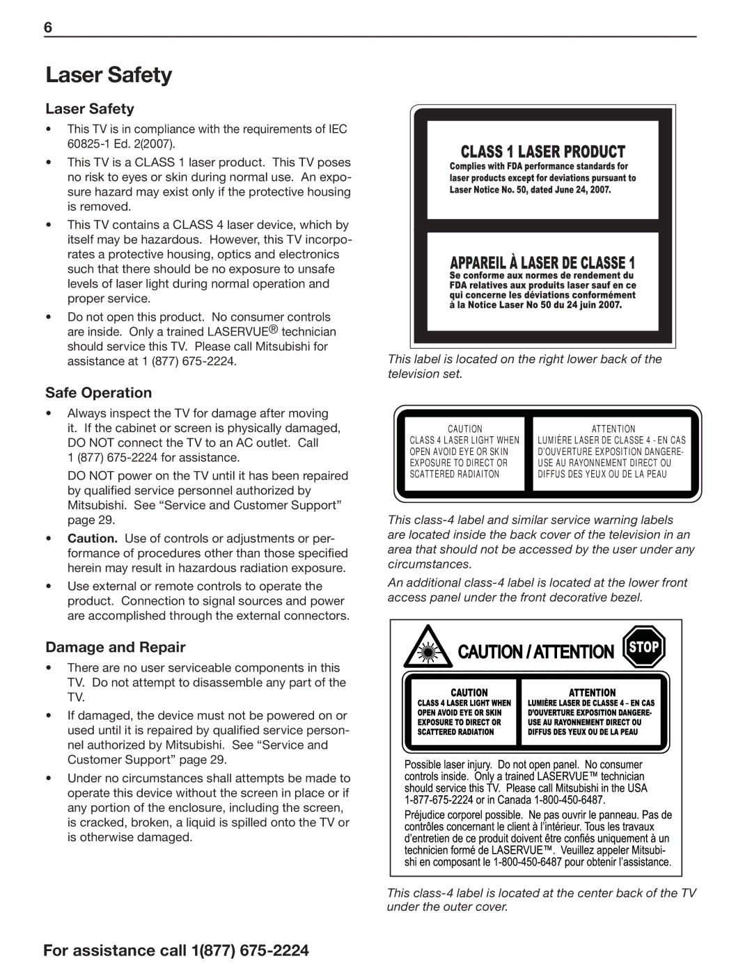 Mitsubishi Electronics L75-A94 manual Laser Safety, Safe Operation, Damage and Repair 