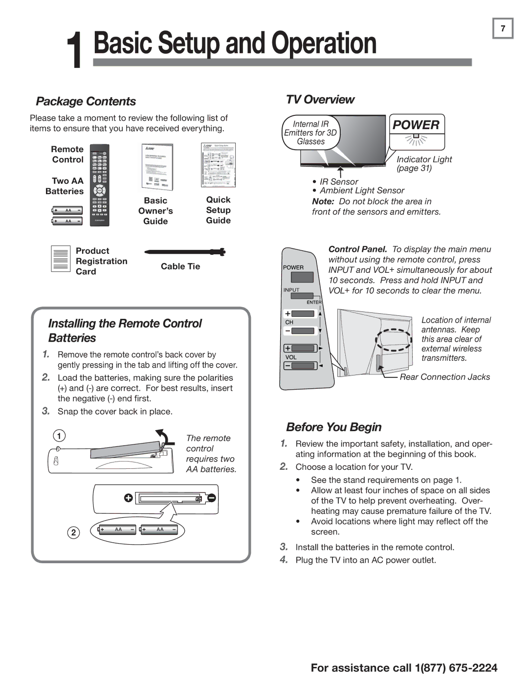 Mitsubishi Electronics L75-A94 manual Package Contents, Installing the Remote Control Batteries, Before You Begin 