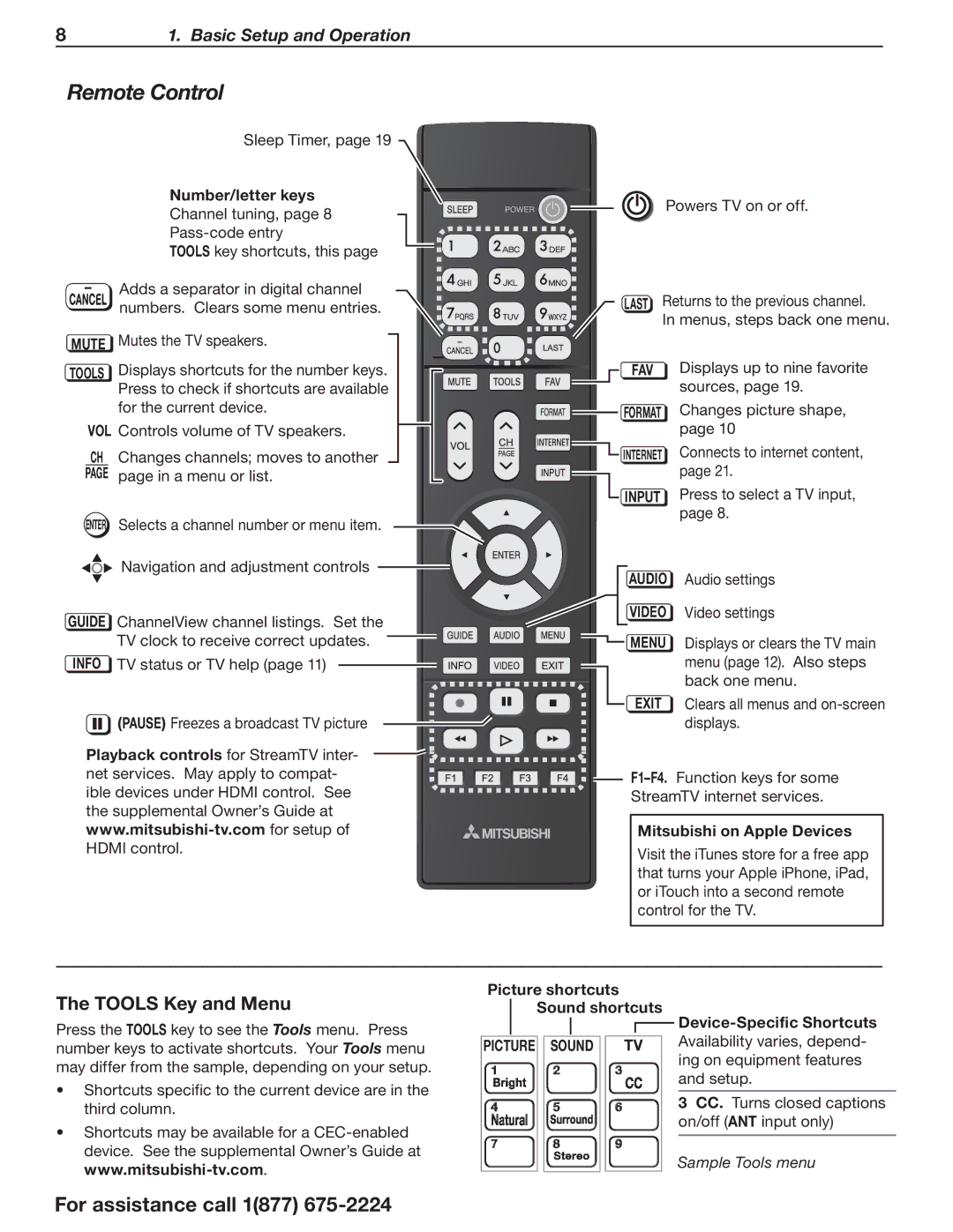 Mitsubishi Electronics L75-A94 manual Remote Control, Tools Key and Menu 