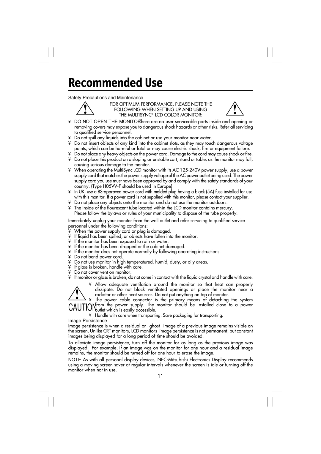 Mitsubishi Electronics LCD1560M manual Recommended Use, Safety Precautions and Maintenance 