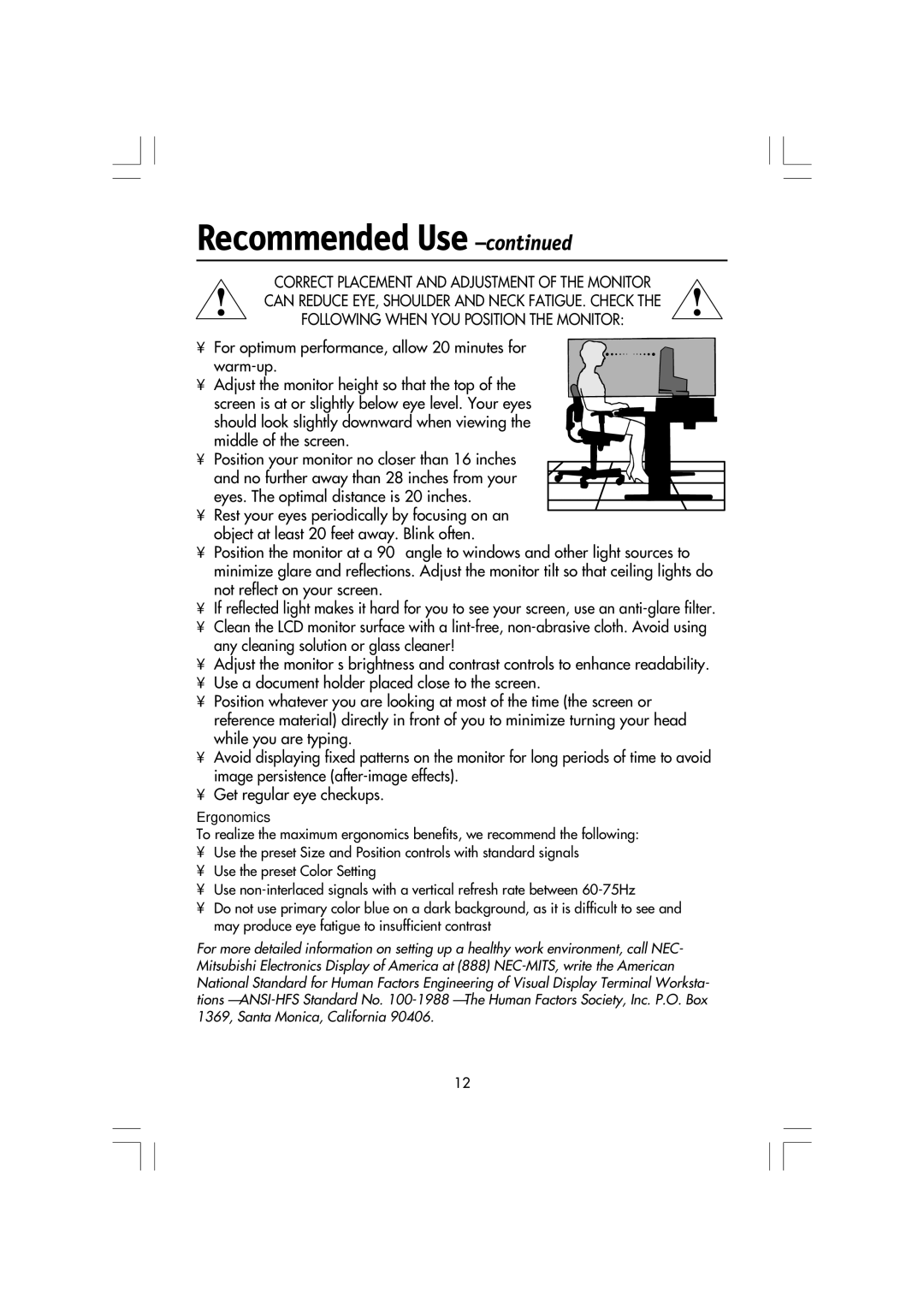 Mitsubishi Electronics LCD1560M manual Ergonomics 