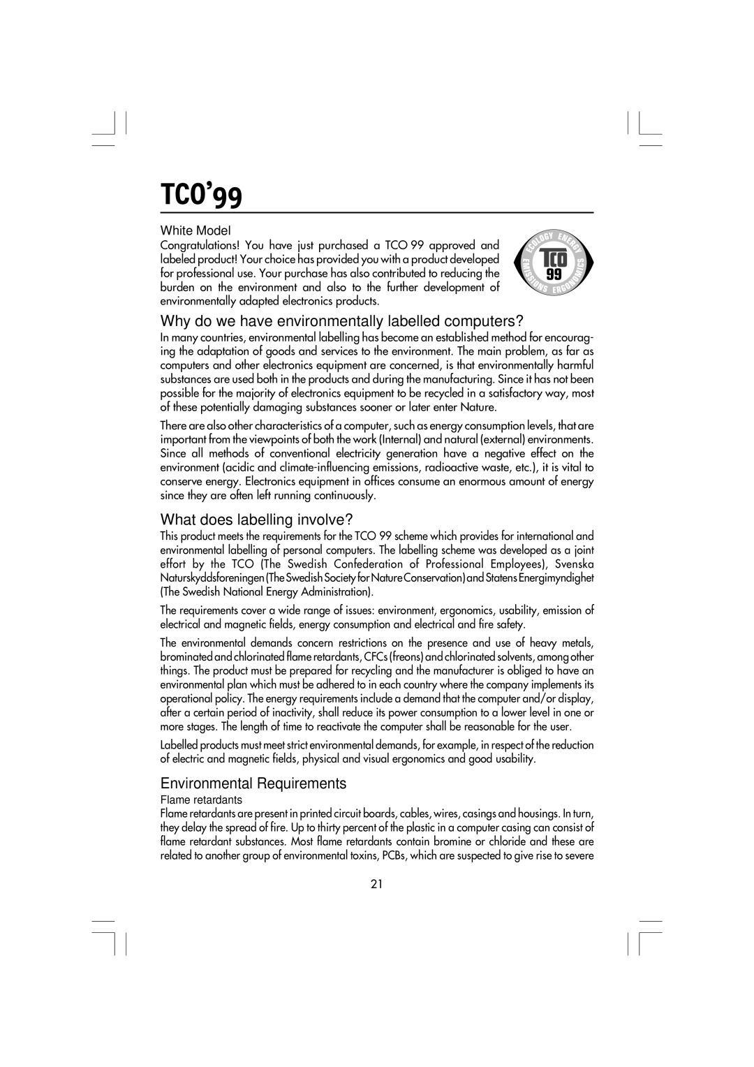 Mitsubishi Electronics LCD1560M manual TCO’99, White Model 