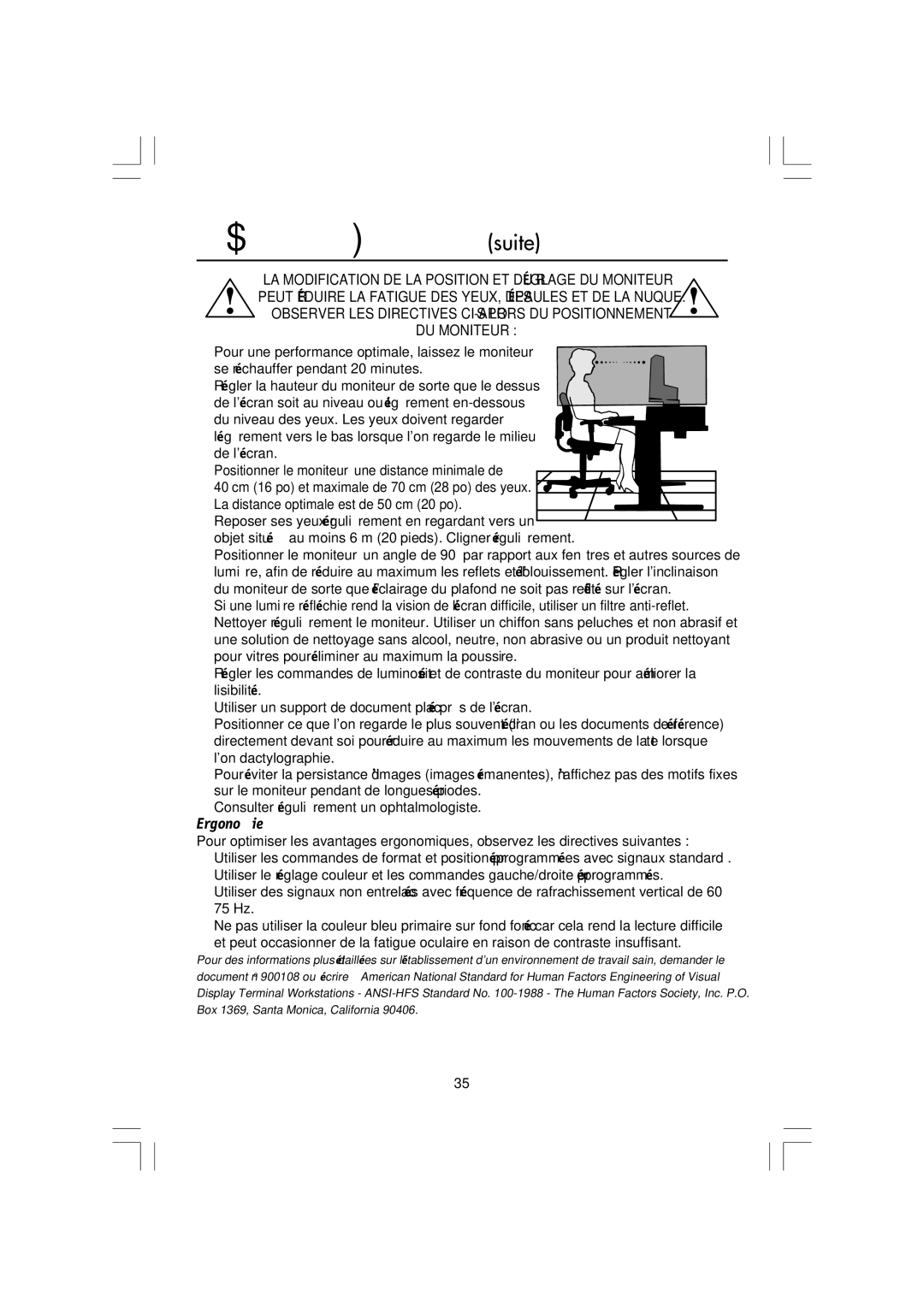 Mitsubishi Electronics LCD1560M manual Usage recommandé suite, Ergonomie 