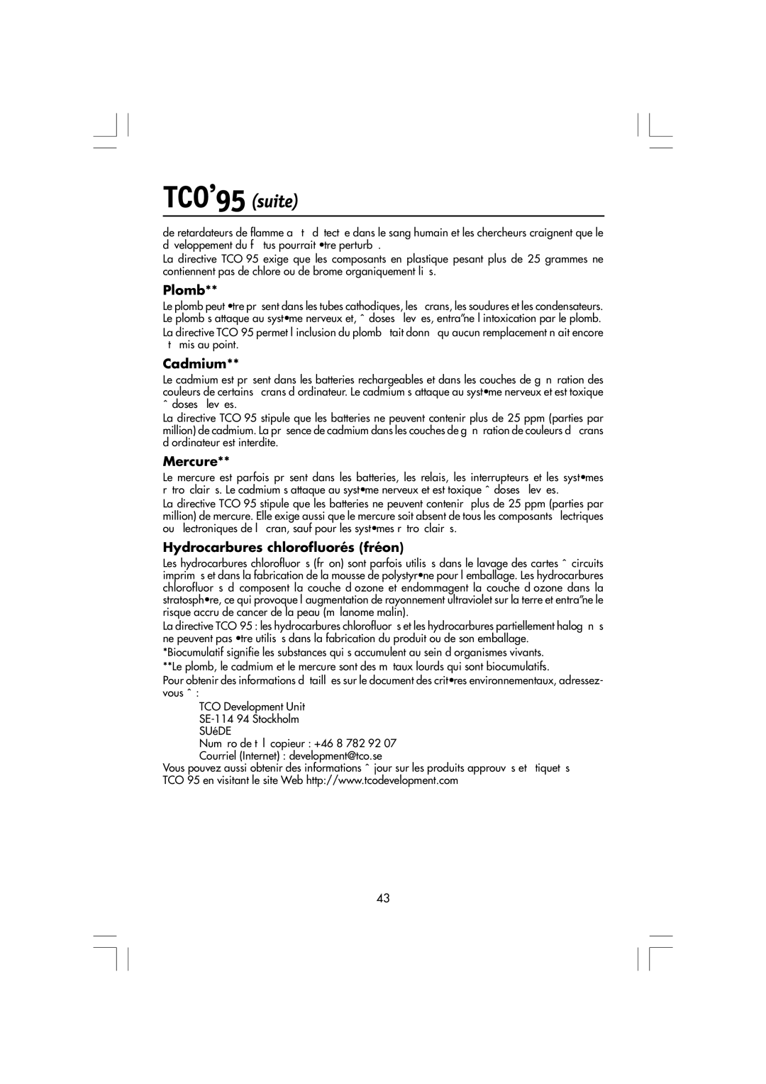 Mitsubishi Electronics LCD1560M manual TCO’95 suite, Plomb, Cadmium, Mercure, Hydrocarbures chlorofluorés fréon 