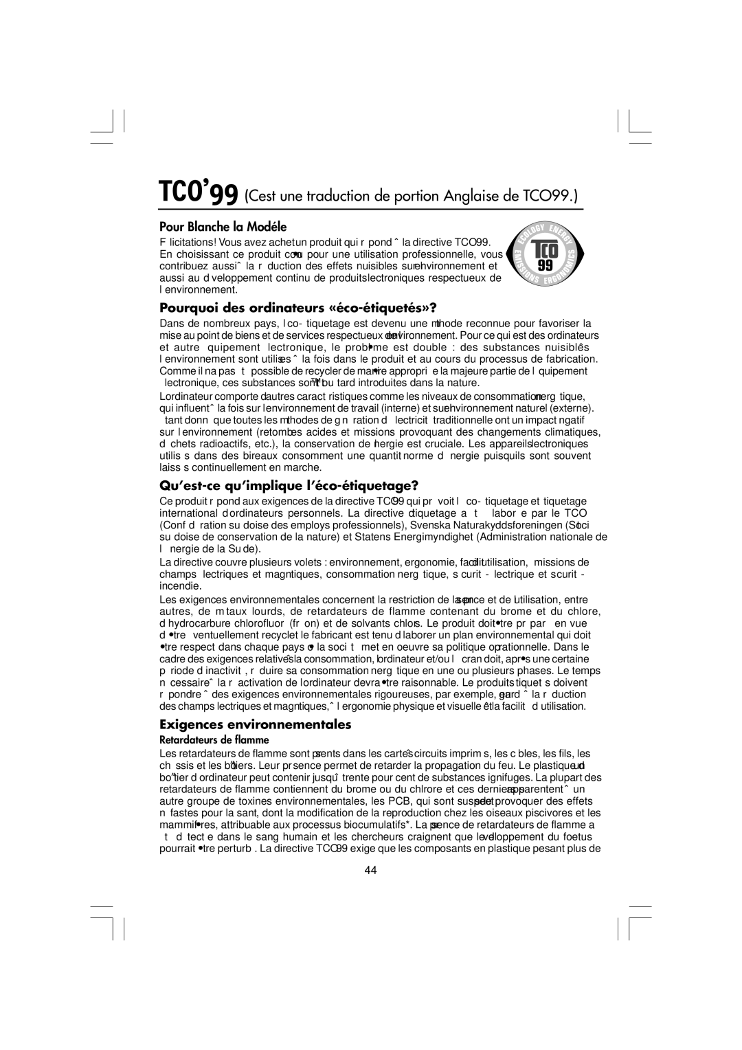 Mitsubishi Electronics LCD1560M manual TCO’99 C’est une traduction de portion Anglaise de TCO’99 