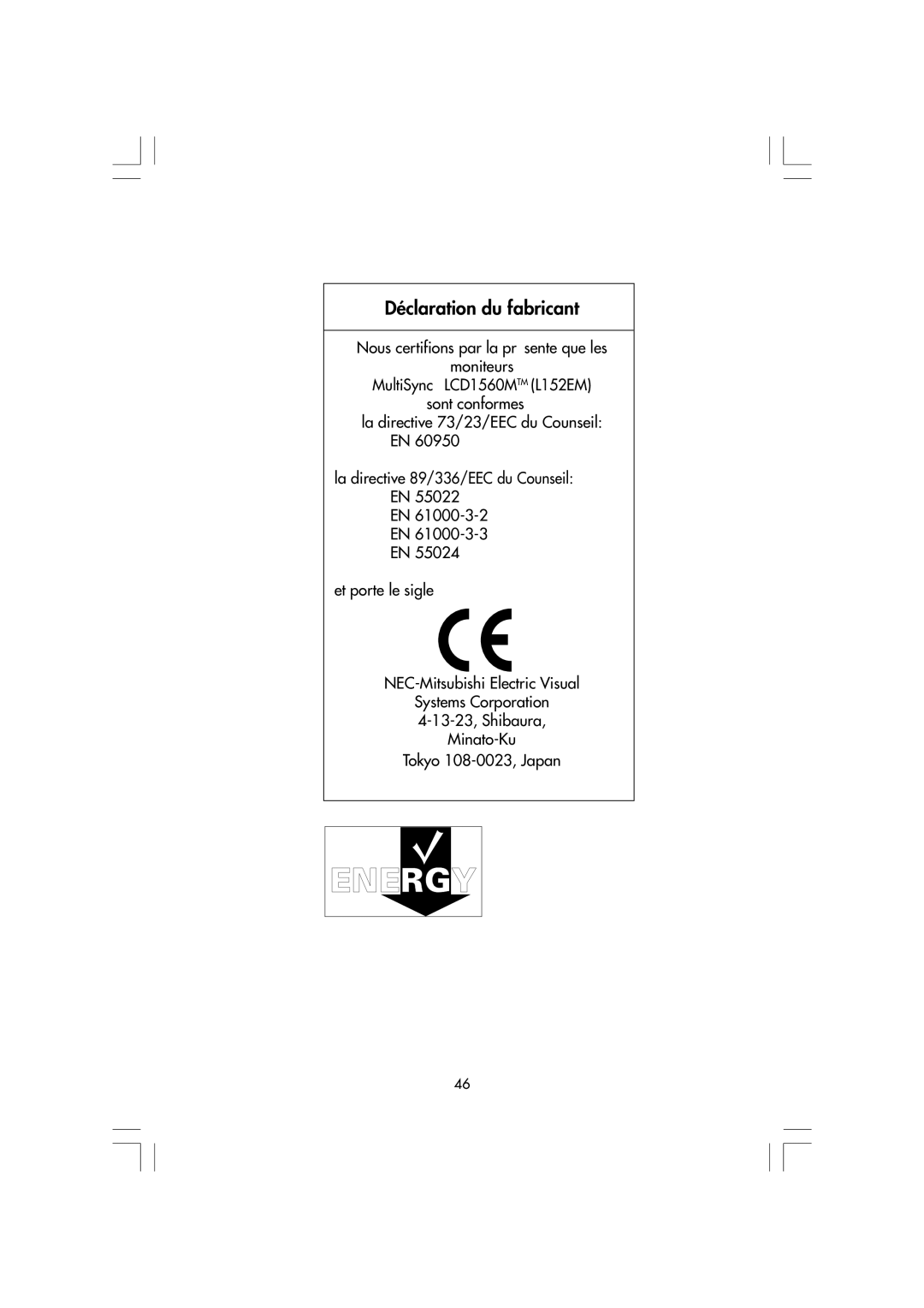 Mitsubishi Electronics LCD1560M manual Déclaration du fabricant 