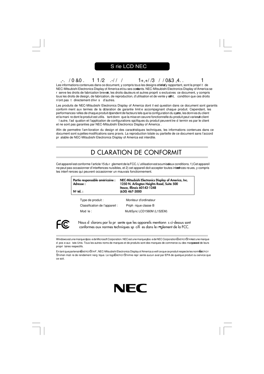 Mitsubishi Electronics LCD1560M manual Déclaration DE Conformité 