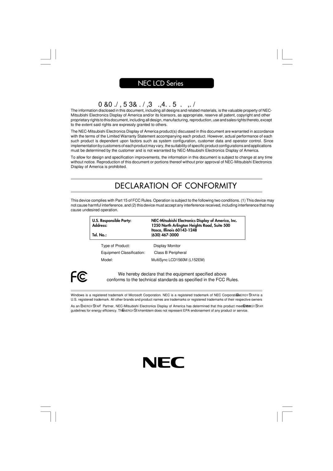 Mitsubishi Electronics LCD1560M manual Declaration of Conformity 