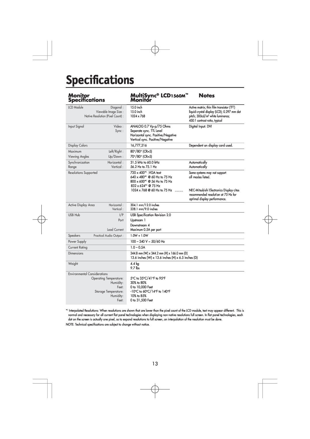 Mitsubishi Electronics manual Specifications, Monitor, MultiSync LCD1560M 