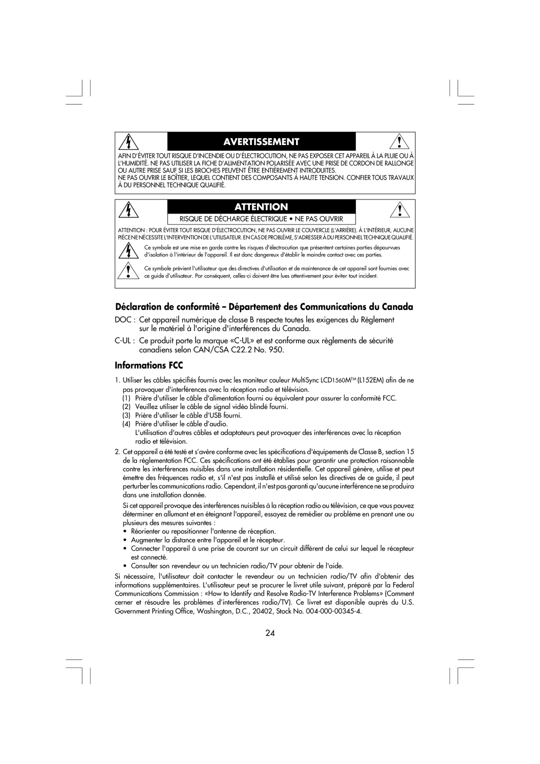 Mitsubishi Electronics LCD1560M Déclaration de conformité - Département des Communications du Canada, Informations FCC 