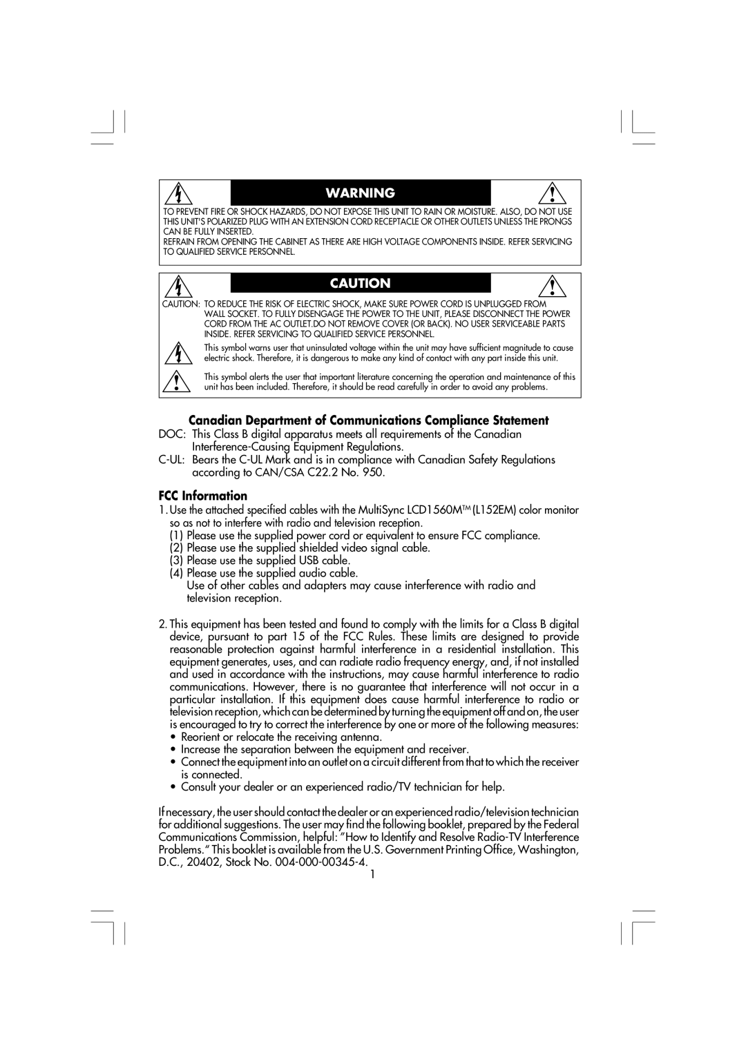 Mitsubishi Electronics LCD1560M manual Canadian Department of Communications Compliance Statement, FCC Information 