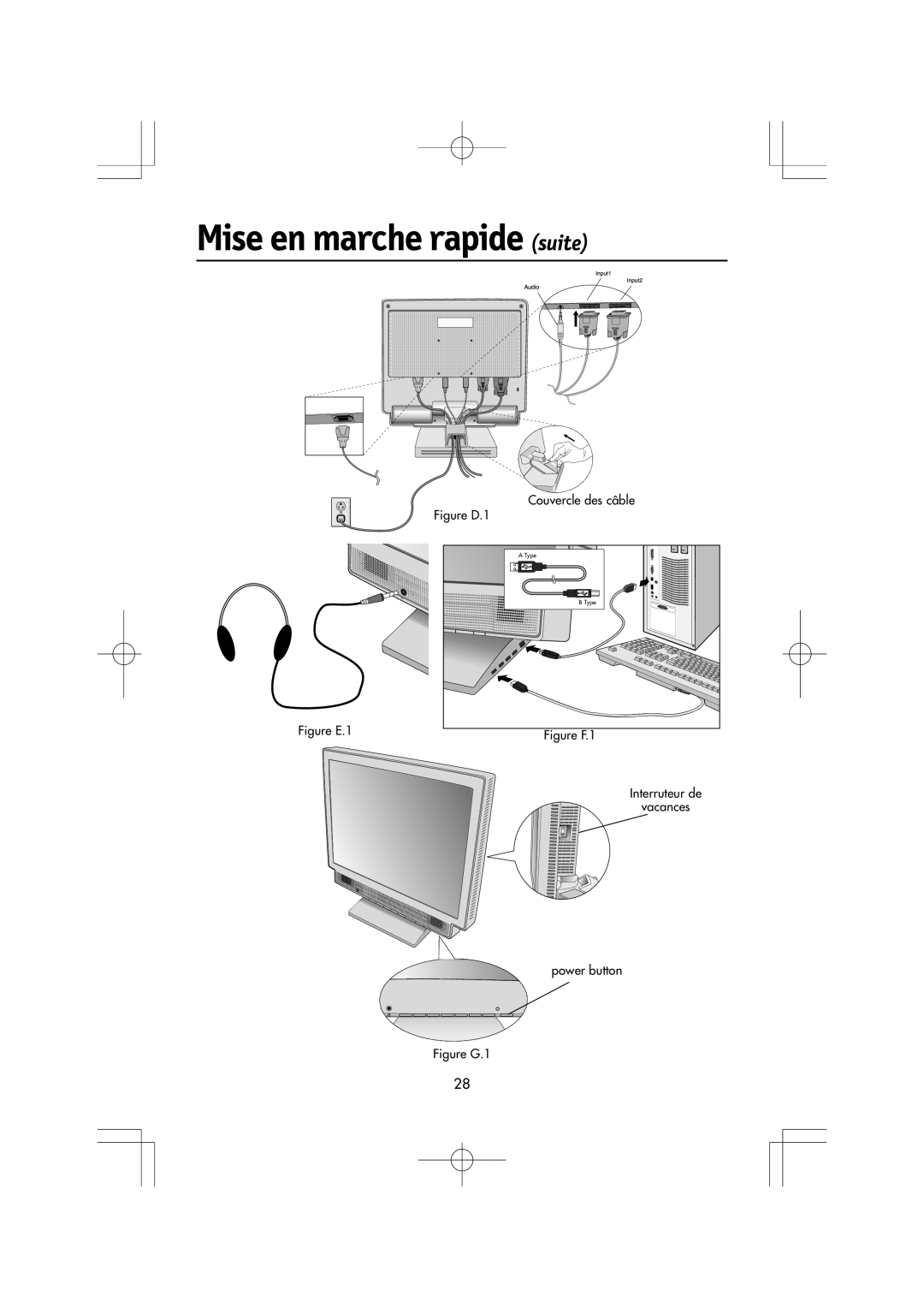 Mitsubishi Electronics LCD1560M manual Mise en marche rapide suite, Couvercle des câble, Figure D.1, Figure E.1, Figure F.1 