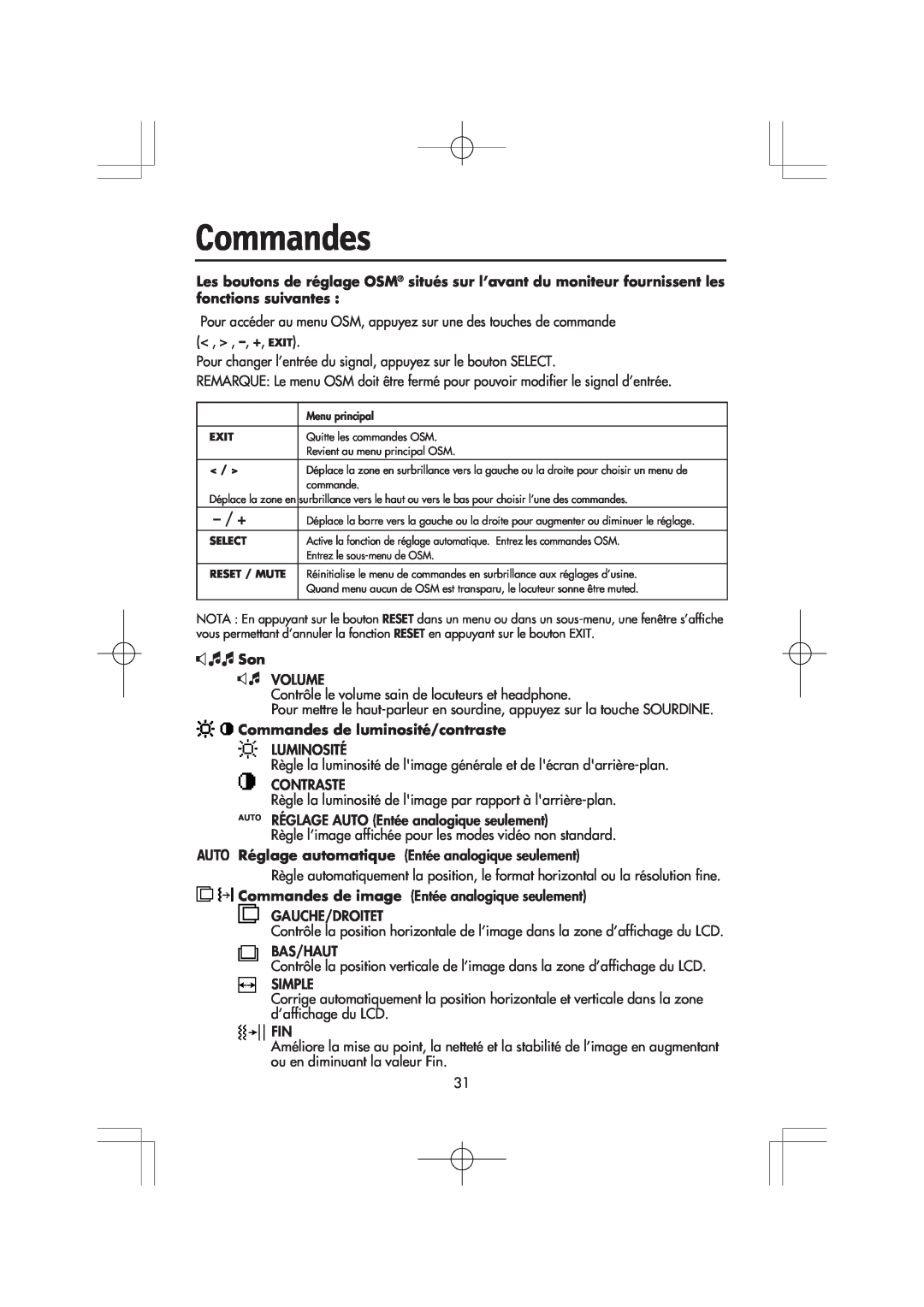 Mitsubishi Electronics LCD1560M manual Commandes de luminosité/contraste 