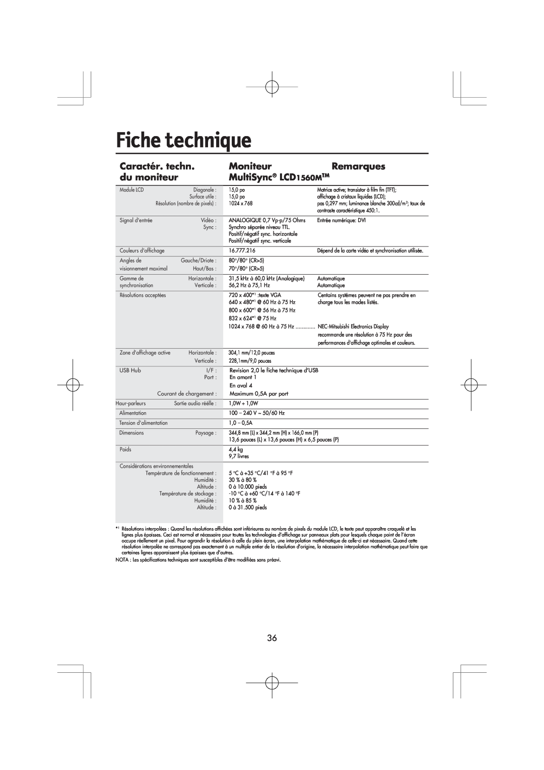 Mitsubishi Electronics manual Fiche technique, Caractér. techn, Moniteur, Remarques, du moniteur, MultiSync LCD1560MTM 