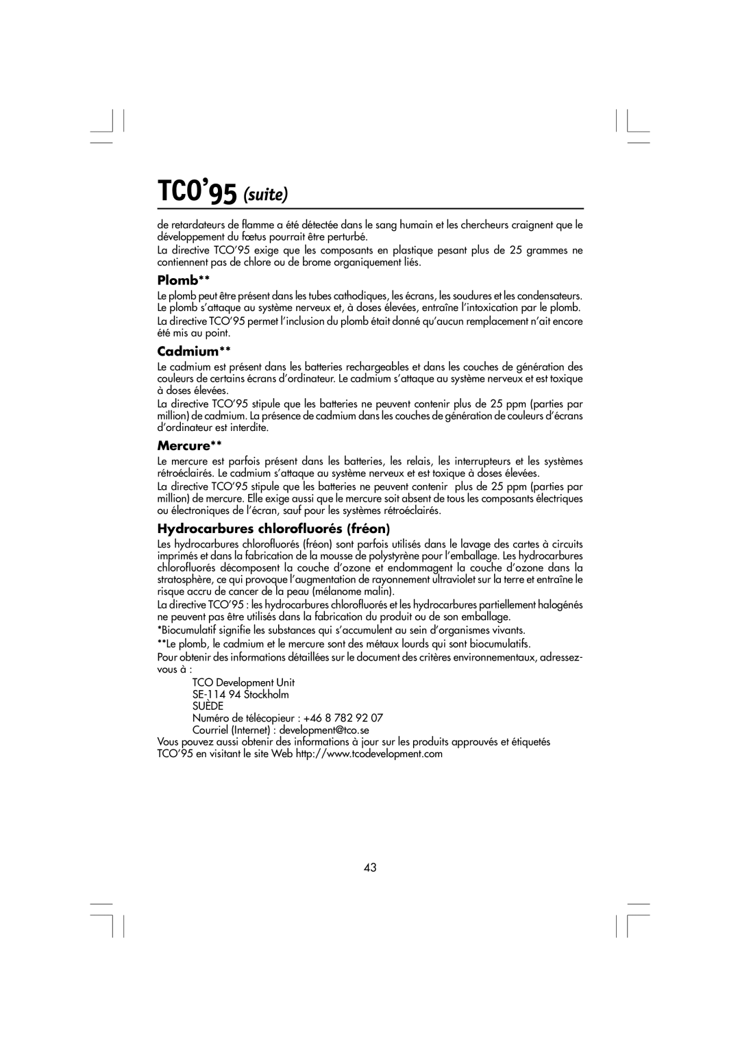 Mitsubishi Electronics LCD1560M manual TCO’95 suite, Plomb, Cadmium, Mercure, Hydrocarbures chlorofluorés fréon 