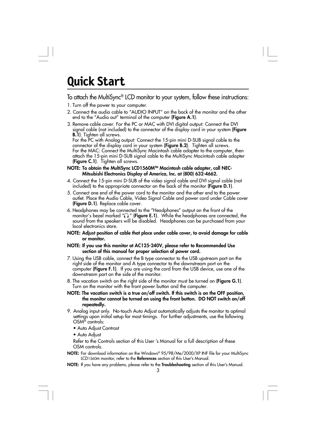 Mitsubishi Electronics LCD1560M manual Quick Start 