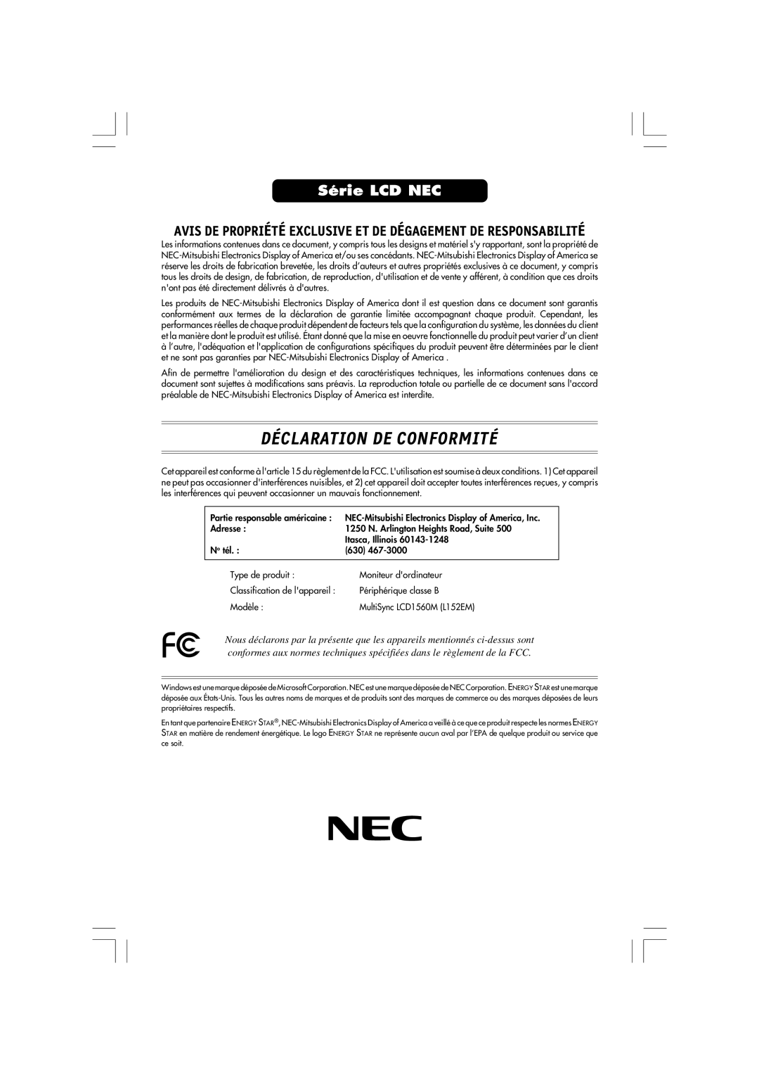 Mitsubishi Electronics LCD1560M manual Déclaration De Conformité, Série LCD NEC 