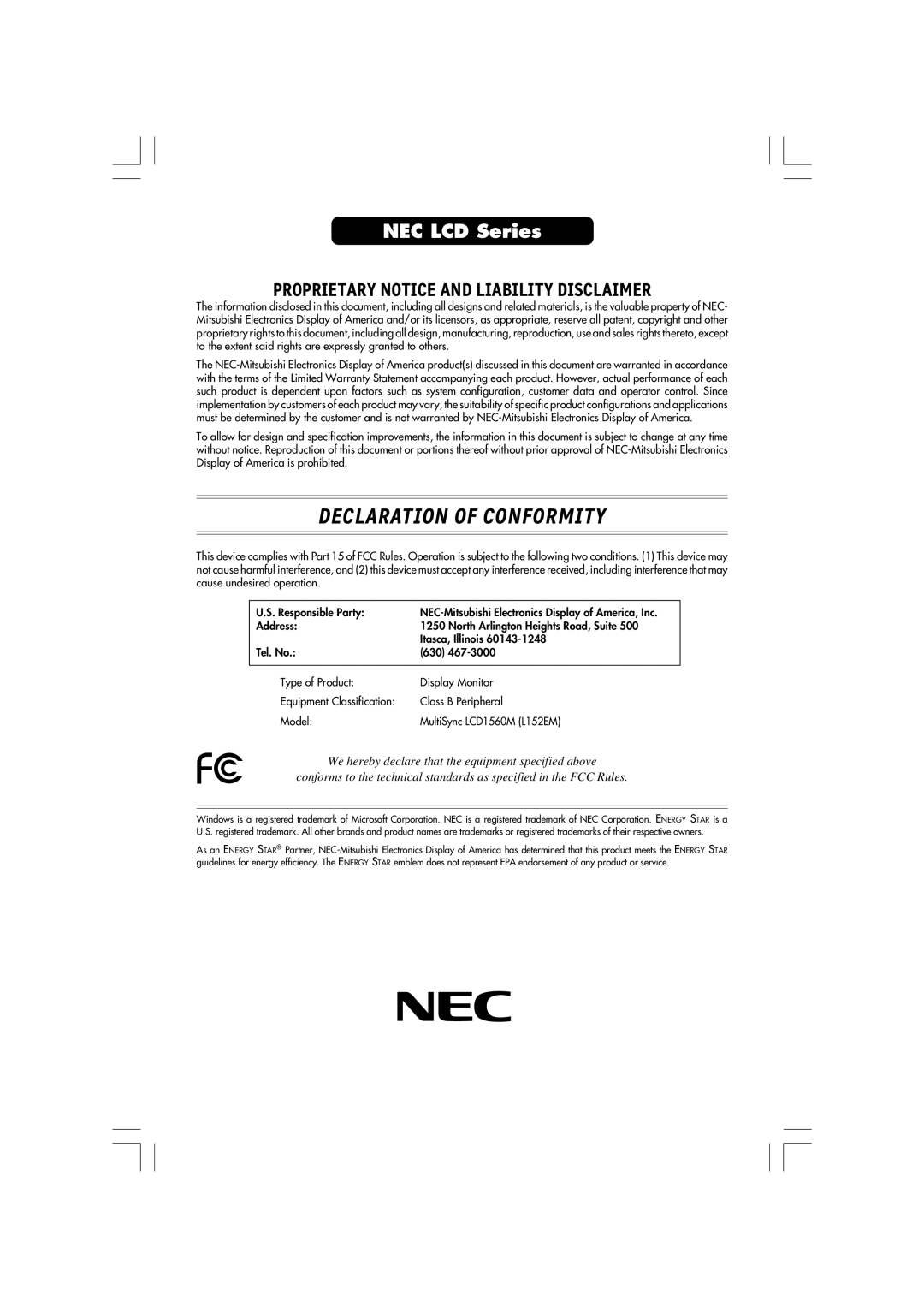 Mitsubishi Electronics LCD1560M Declaration Of Conformity, NEC LCD Series, Proprietary Notice And Liability Disclaimer 