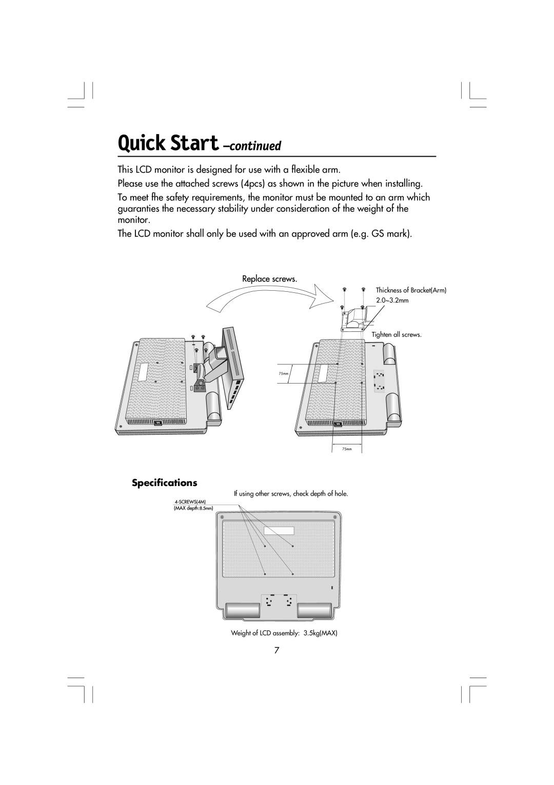 Mitsubishi Electronics LCD1560M manual Specifications, Quick Start -continued 