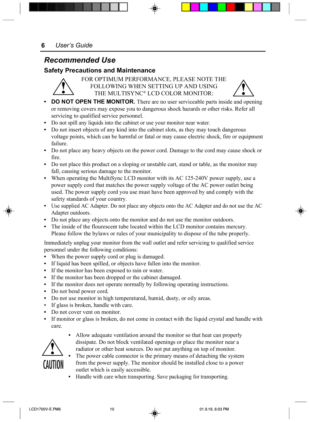 Mitsubishi Electronics LCD1700V manual Recommended Use, Safety Precautions and Maintenance 