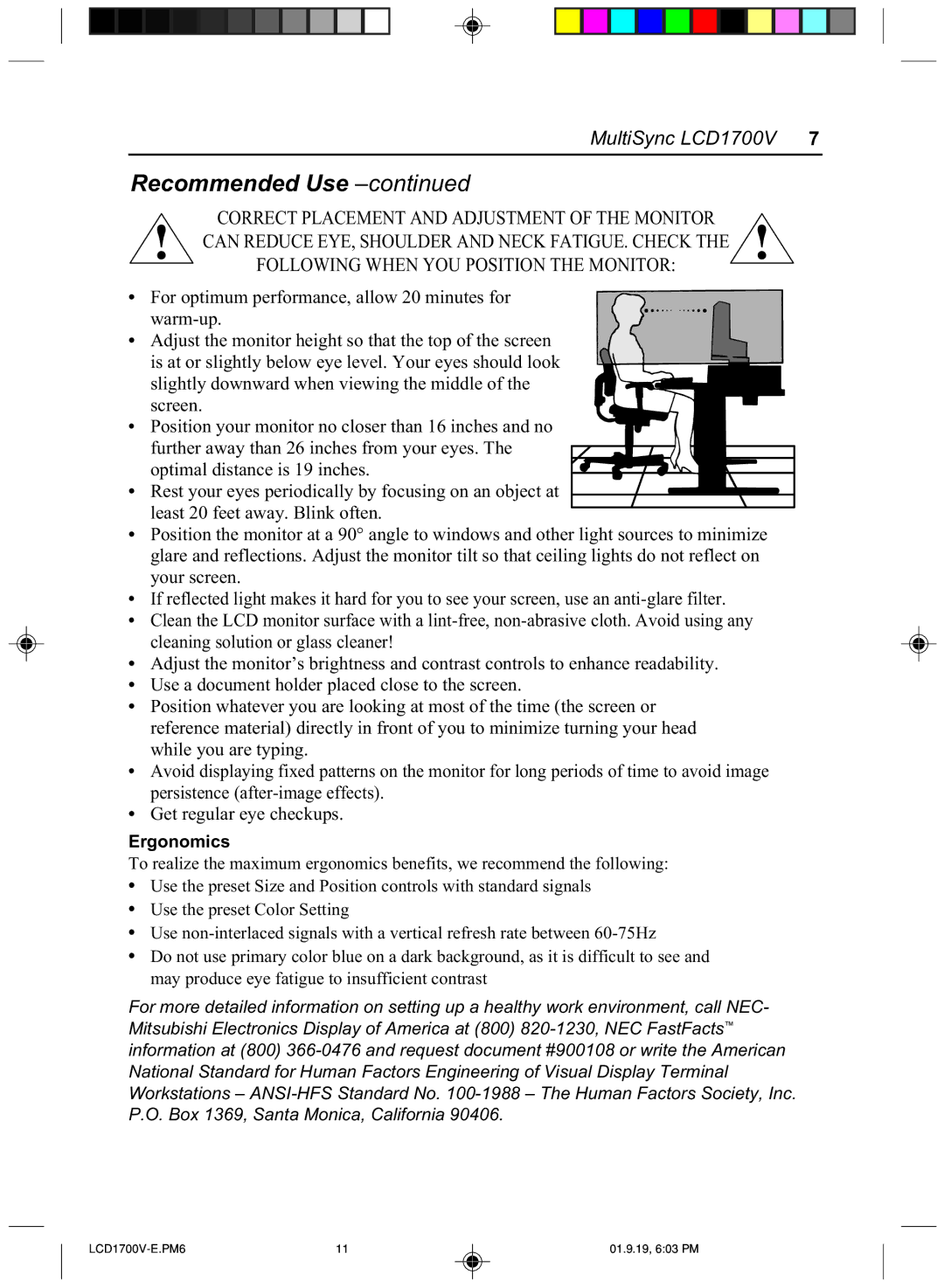 Mitsubishi Electronics LCD1700V manual Ergonomics 