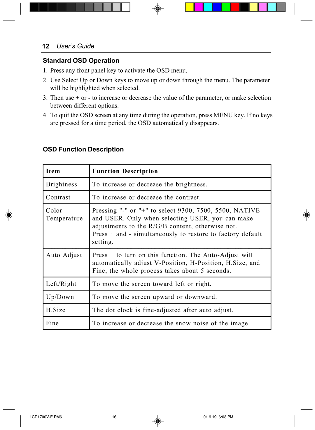 Mitsubishi Electronics LCD1700V manual Standard OSD Operation, OSD Function Description 