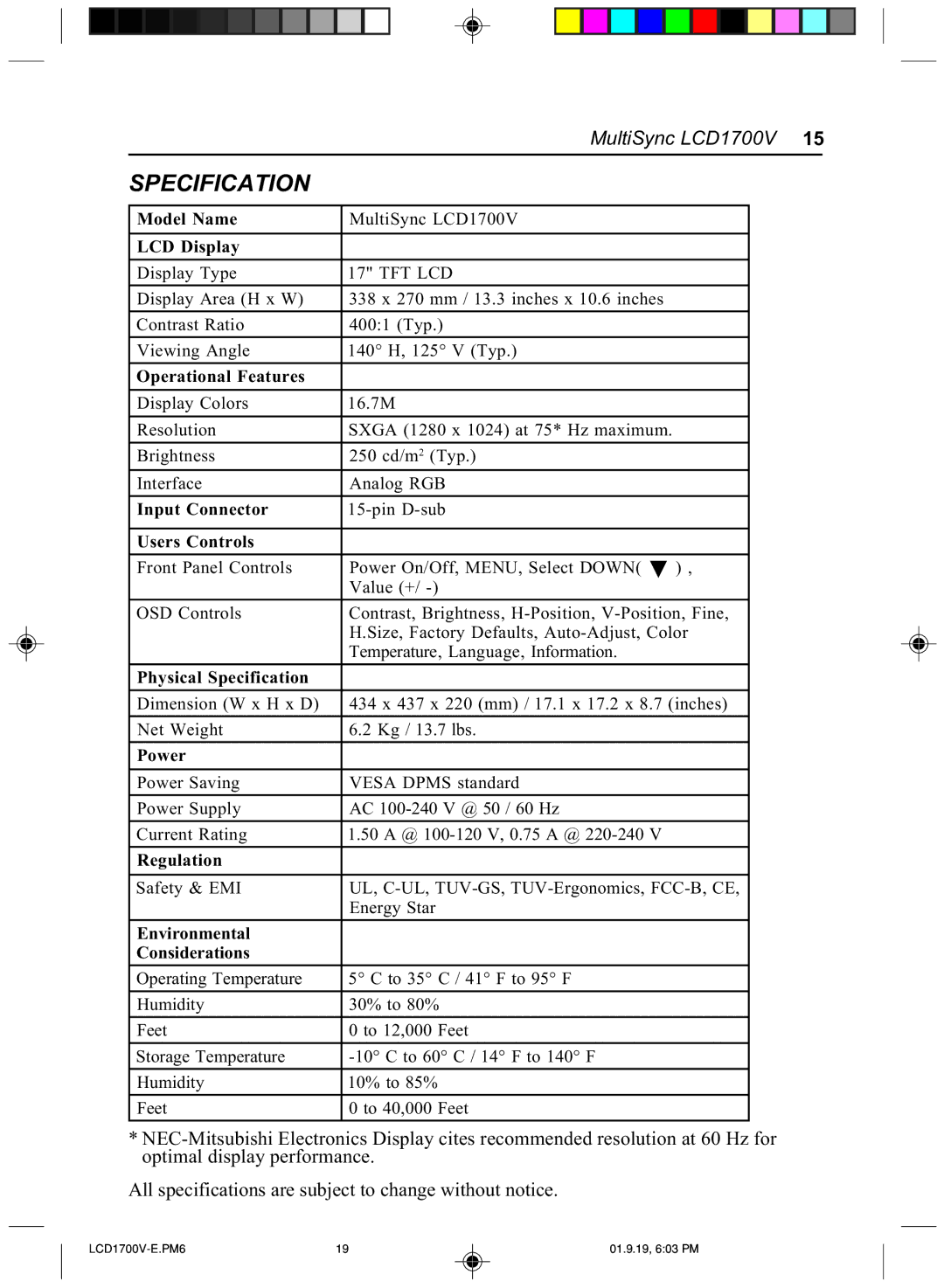 Mitsubishi Electronics LCD1700V manual Specification, LCD Display 