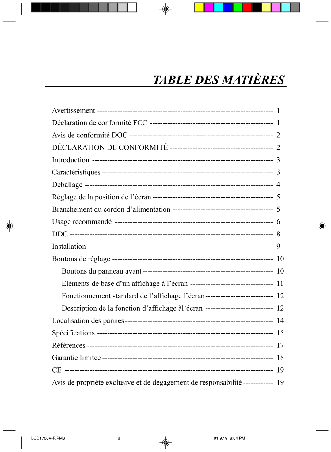 Mitsubishi Electronics LCD1700V manual Table DES Matières 