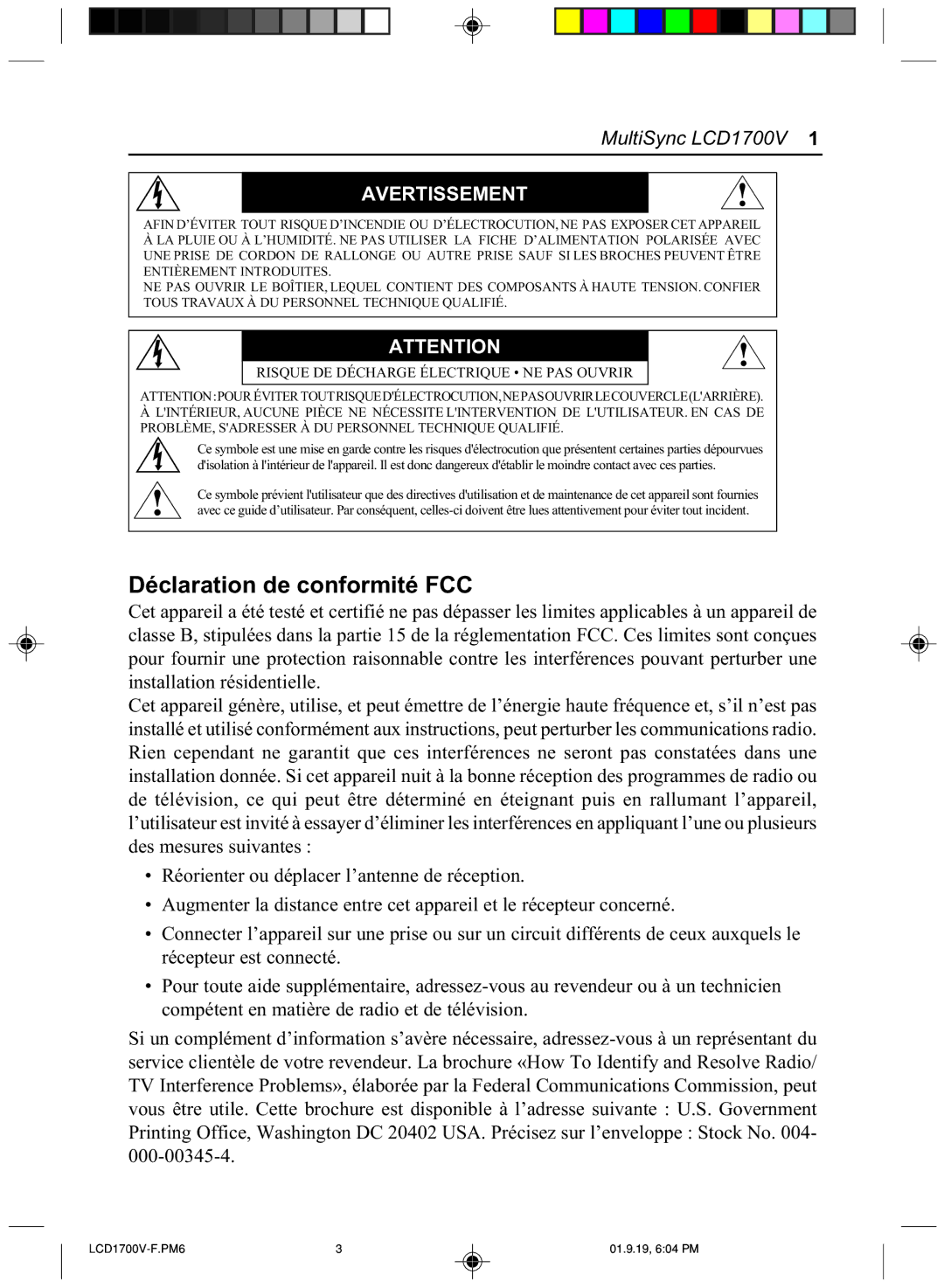 Mitsubishi Electronics LCD1700V manual Déclaration de conformité FCC 