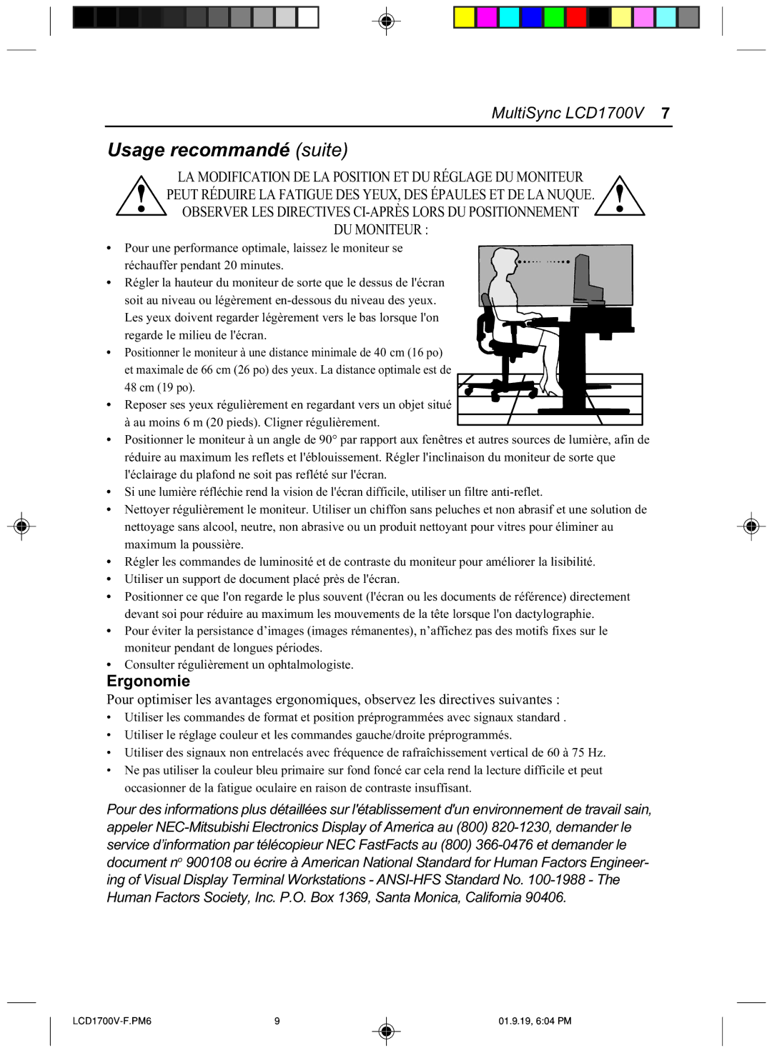 Mitsubishi Electronics LCD1700V manual Usage recommandé suite, Ergonomie 