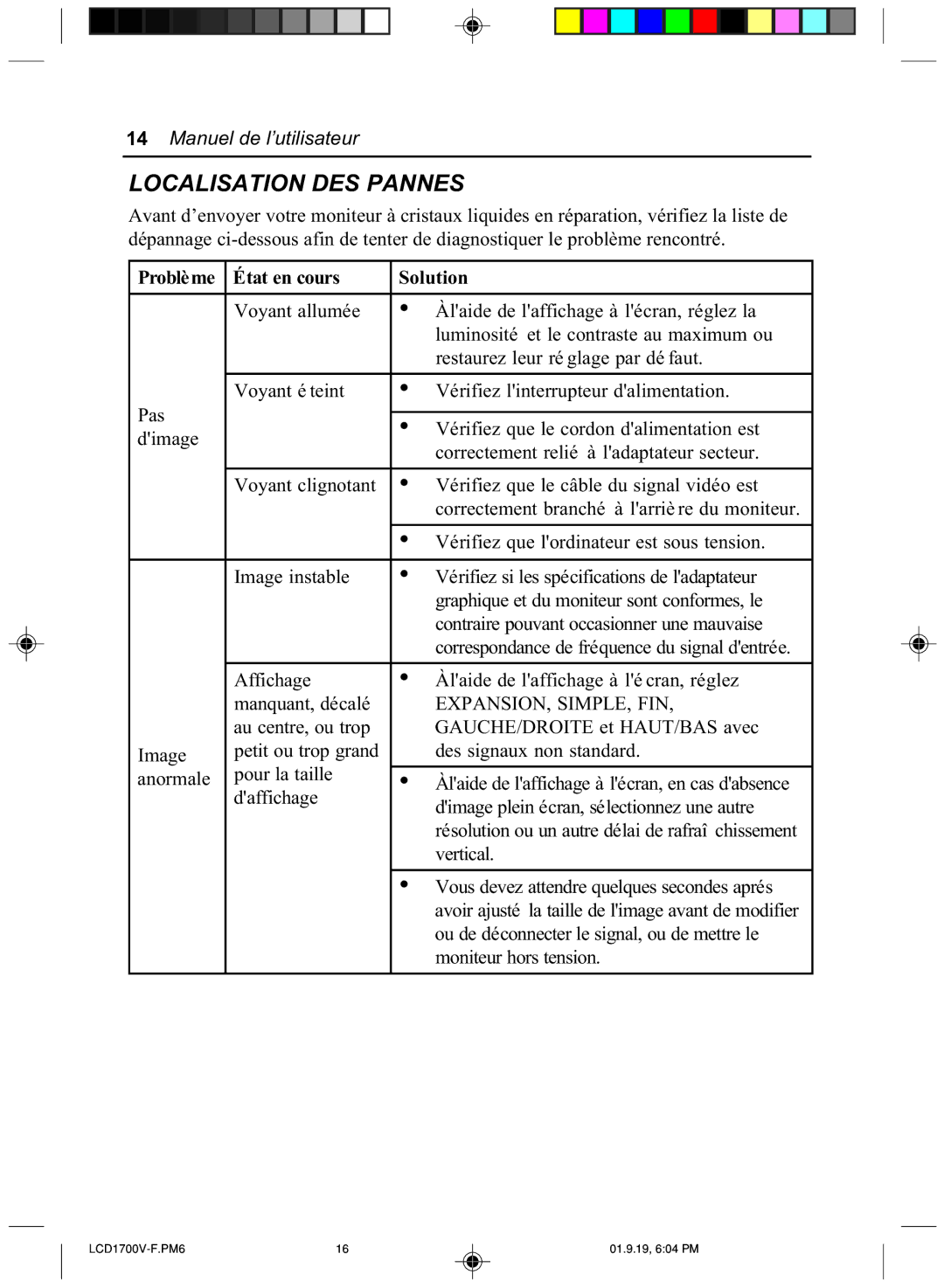 Mitsubishi Electronics LCD1700V manual Localisation DES Pannes, Problème État en cours Solution 