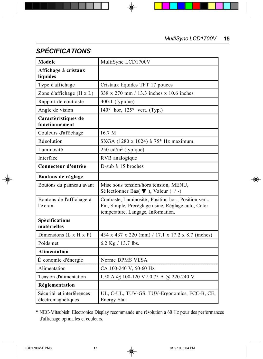 Mitsubishi Electronics LCD1700V manual Spécifications 