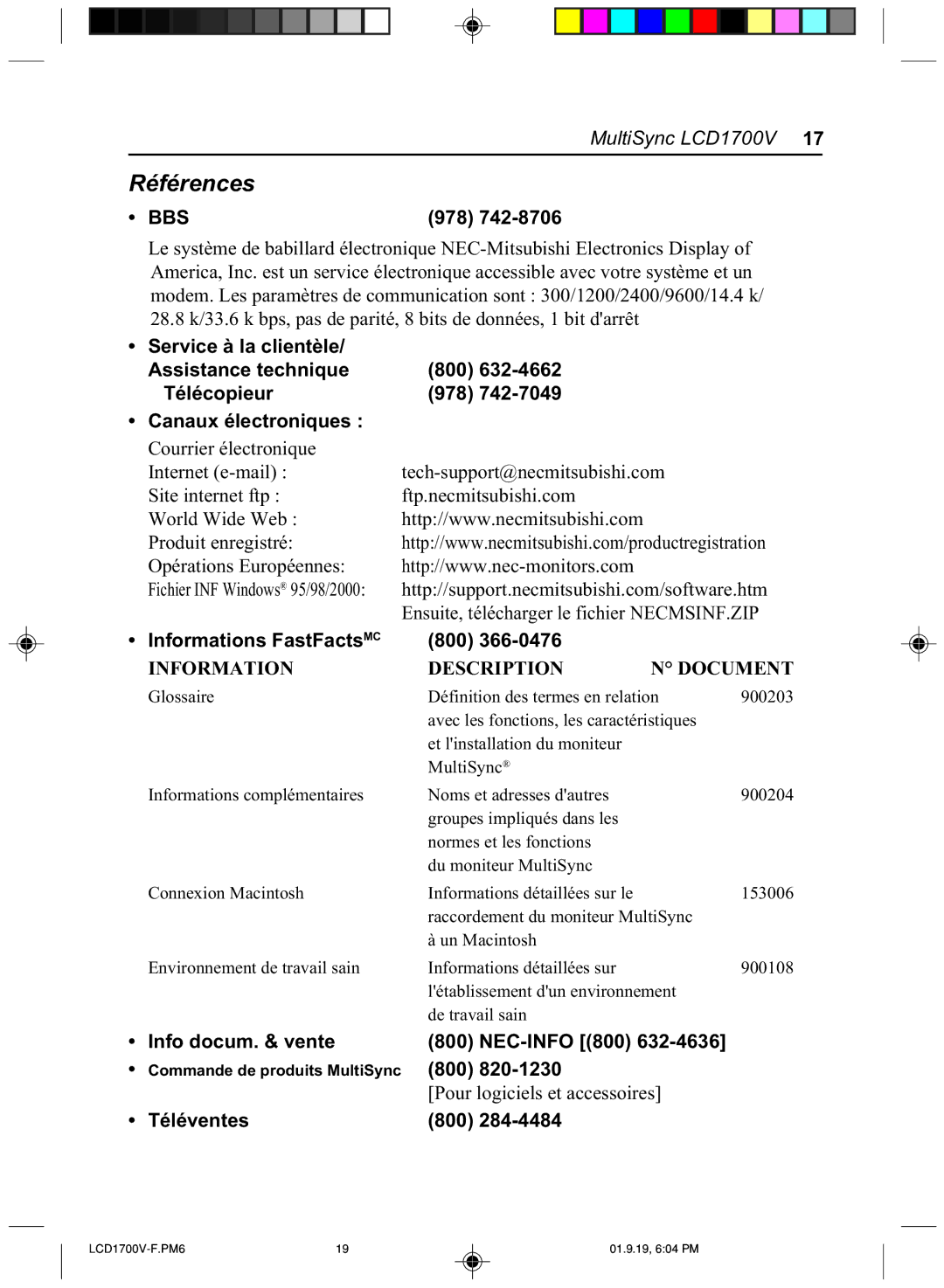 Mitsubishi Electronics LCD1700V Références, Informations FastFactsMC, Info docum. & vente 800 NEC-INFO 800, 800 820-1230 