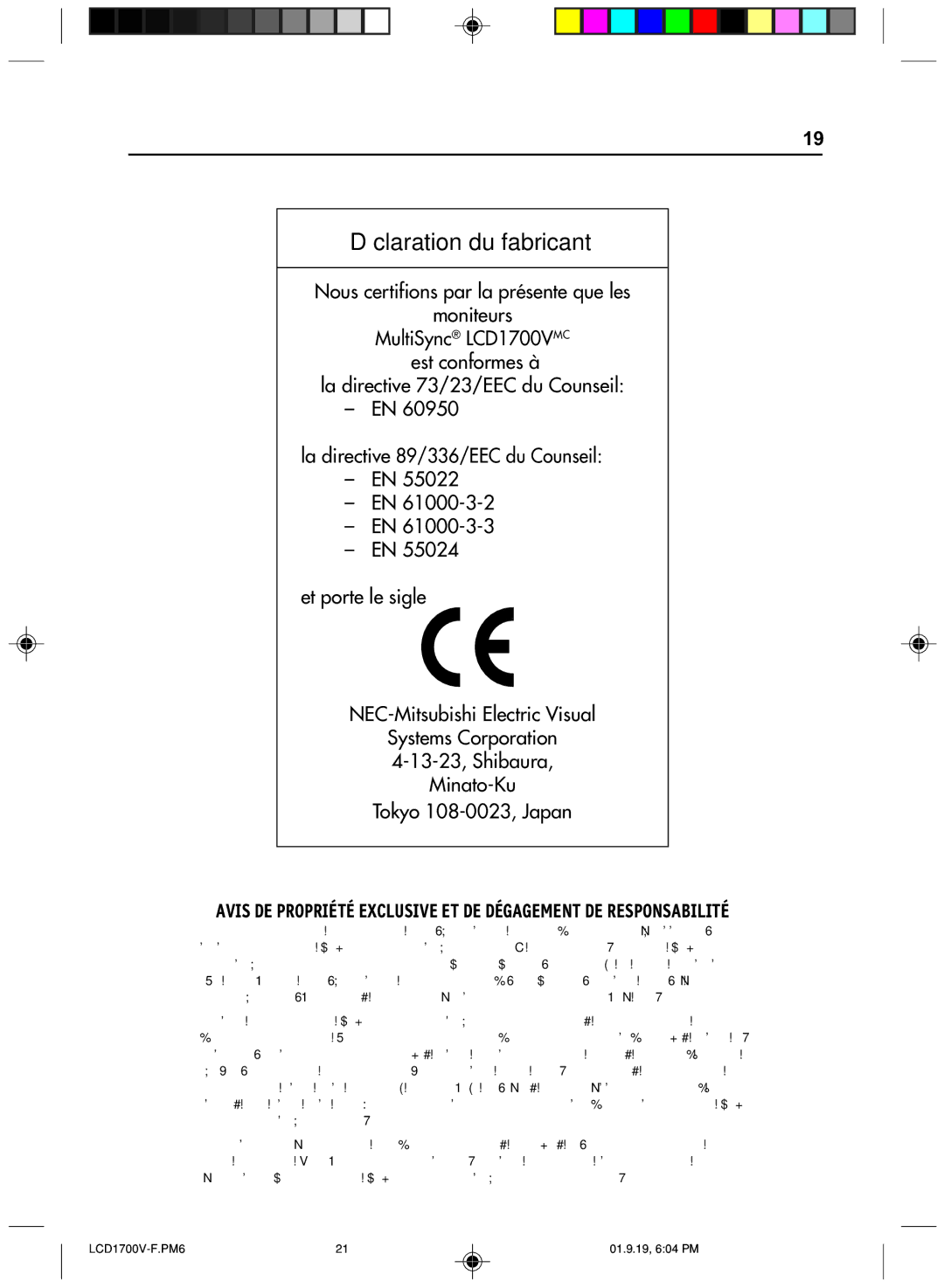 Mitsubishi Electronics LCD1700V manual Déclaration du fabricant 