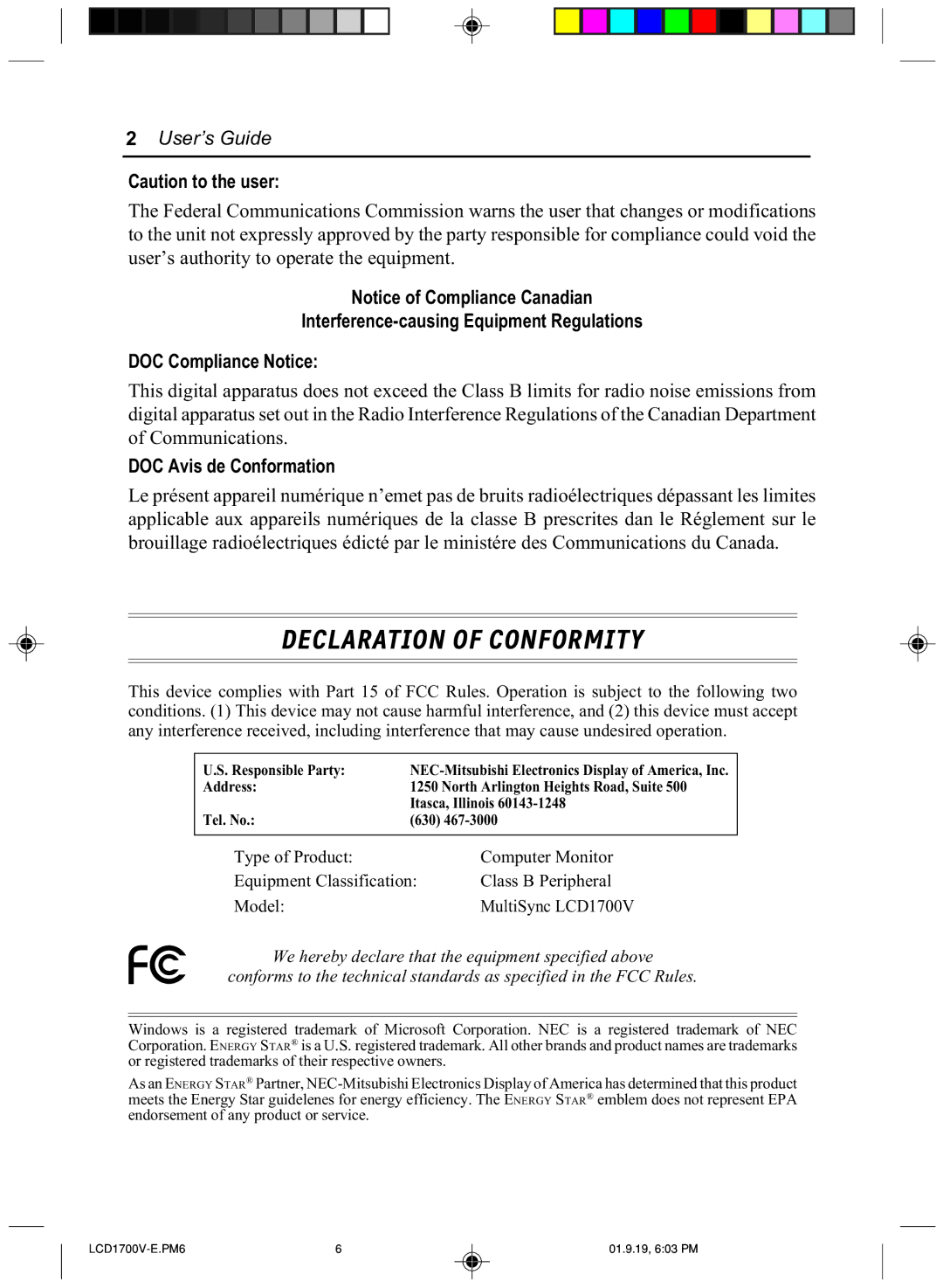 Mitsubishi Electronics LCD1700V manual User’s Guide, DOC Avis de Conformation 