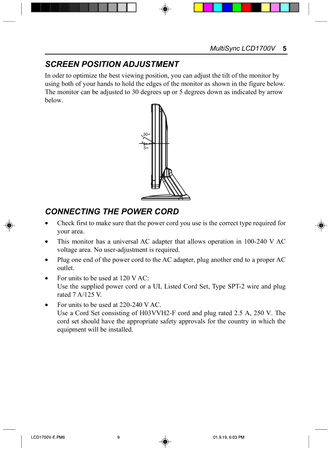 Mitsubishi Electronics LCD1700V manual Screen Position Adjustment, Connecting the Power Cord 