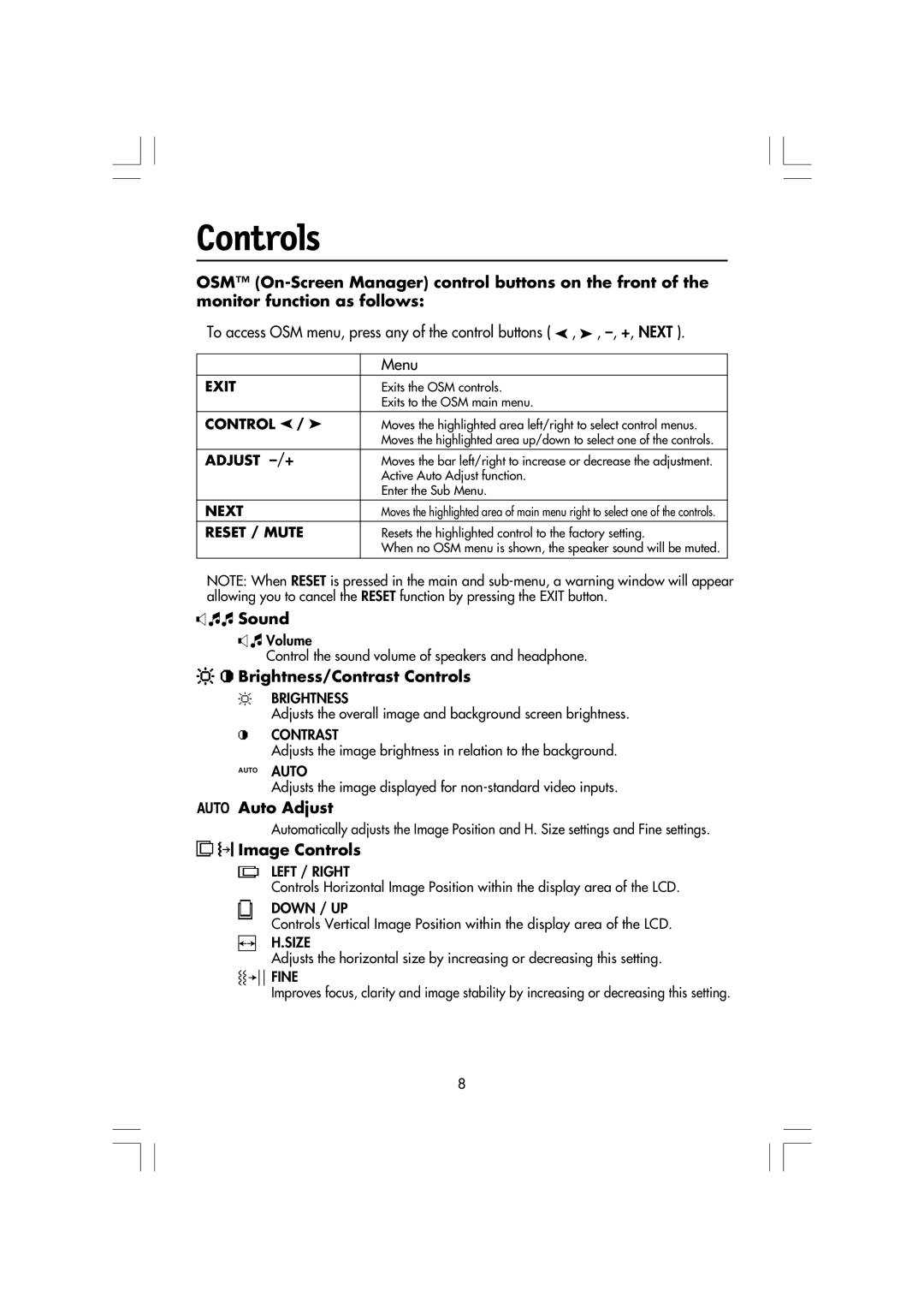 Mitsubishi Electronics LCD1720M manual Sound, Brightness/Contrast Controls, Auto Adjust, Image Controls 