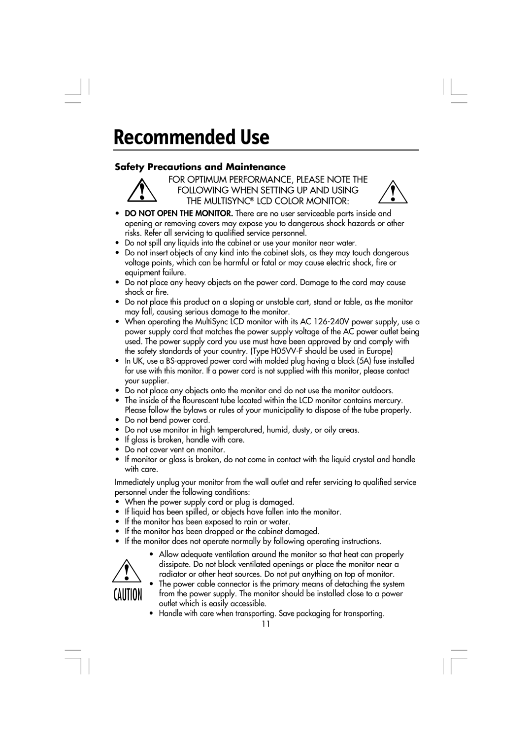 Mitsubishi Electronics LCD1720M manual Recommended Use, Safety Precautions and Maintenance 