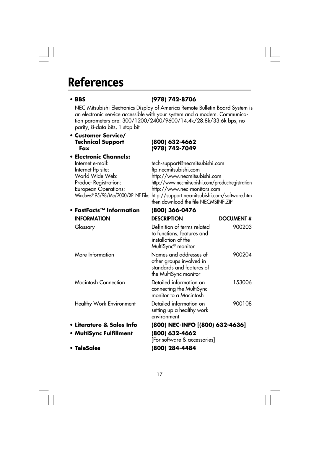 Mitsubishi Electronics LCD1720M manual References, 978, FastFacts Information 800, TeleSales 800 